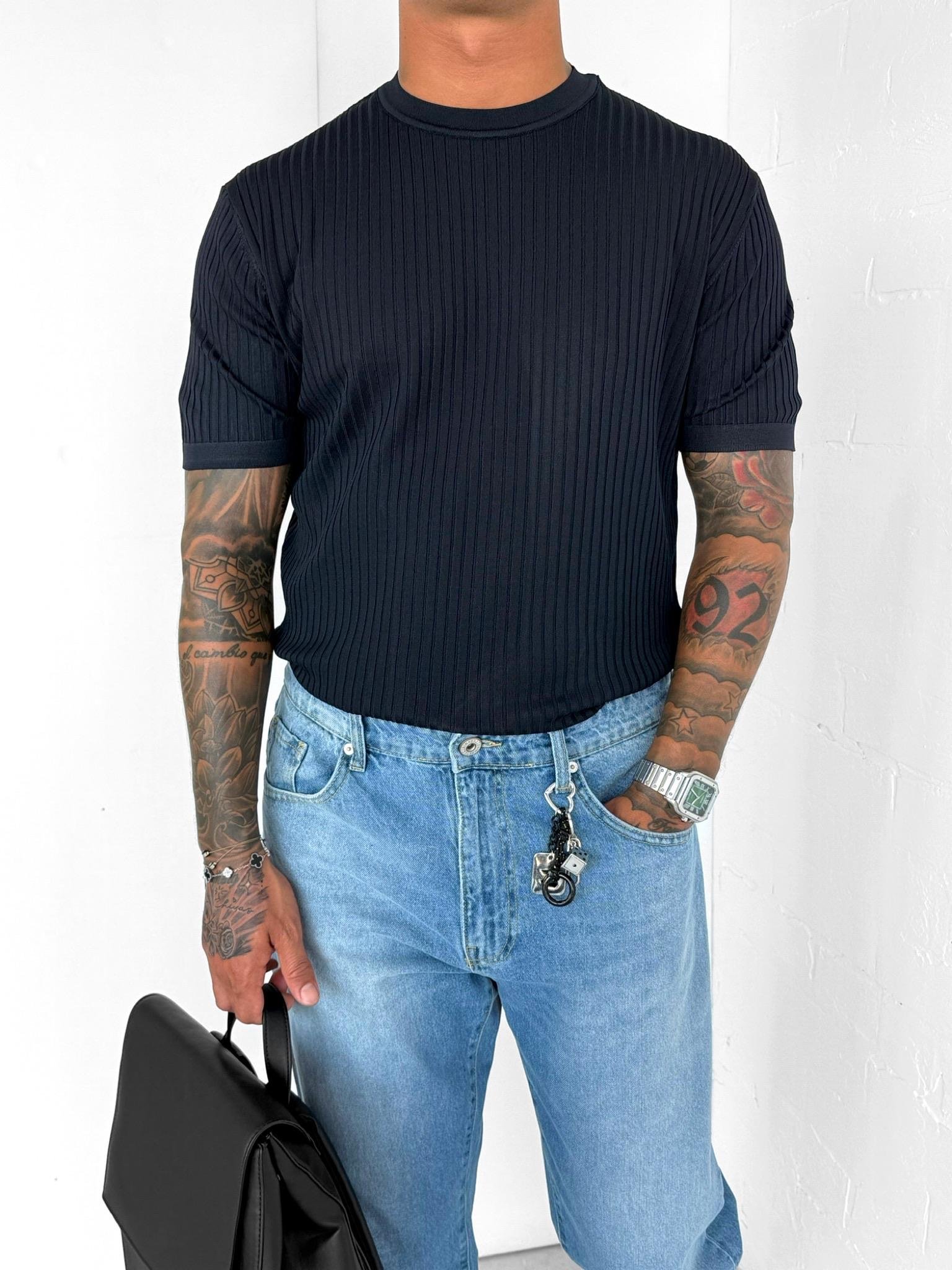 Erkek Slim Fit Fitilli T-Shirt Lacivert