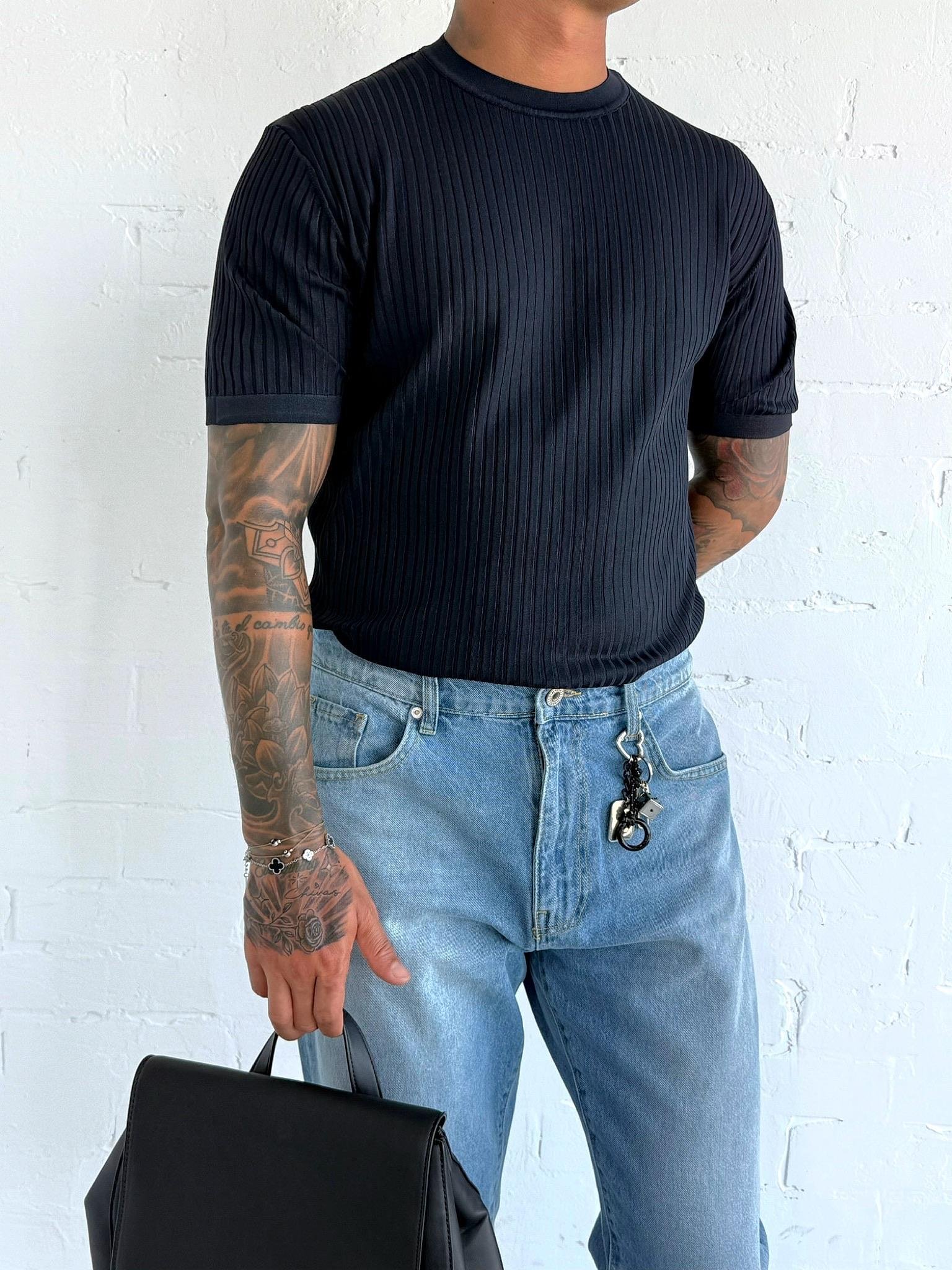Erkek Slim Fit Fitilli T-Shirt Lacivert