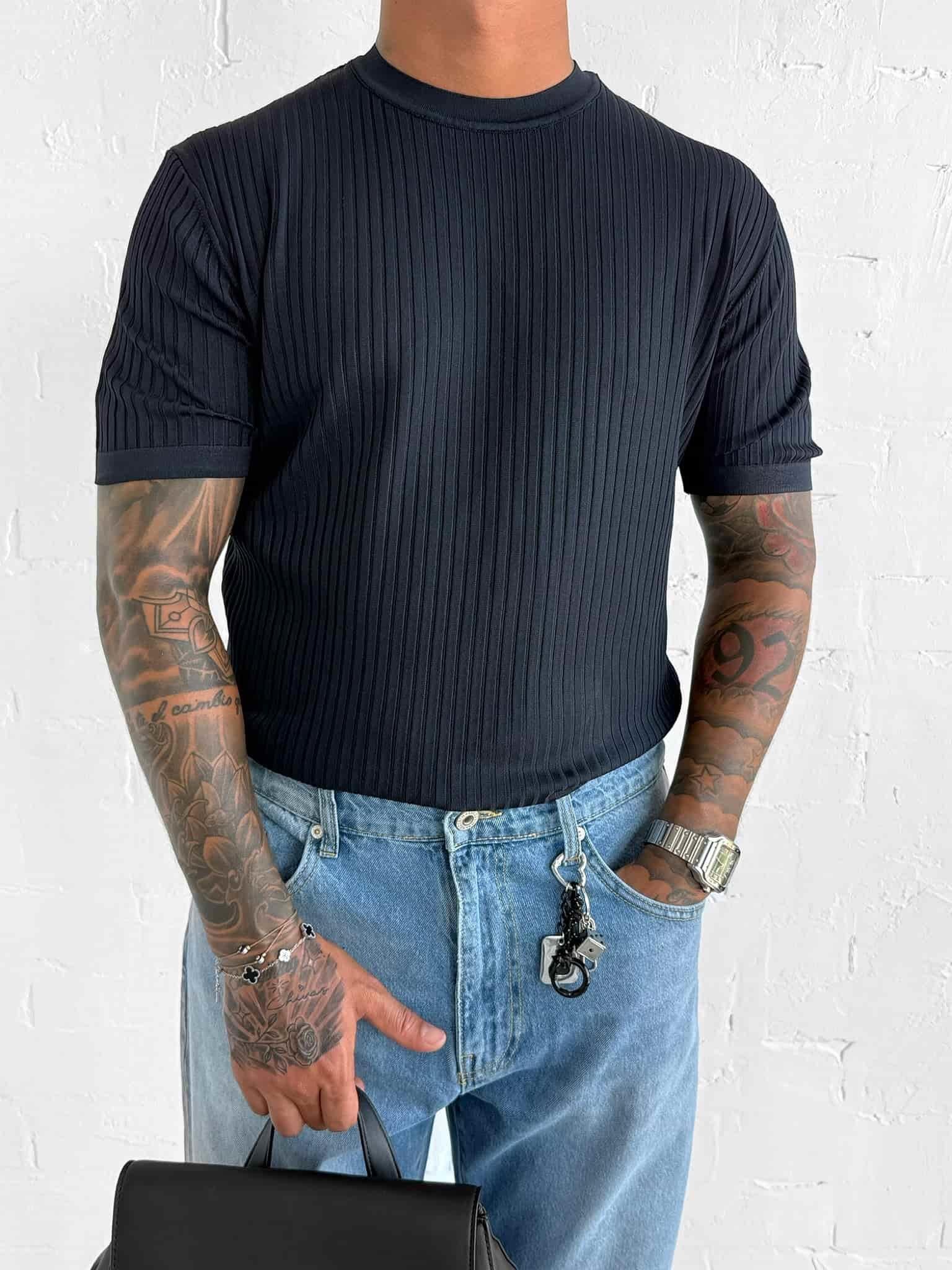 Erkek Slim Fit Fitilli T-Shirt Lacivert