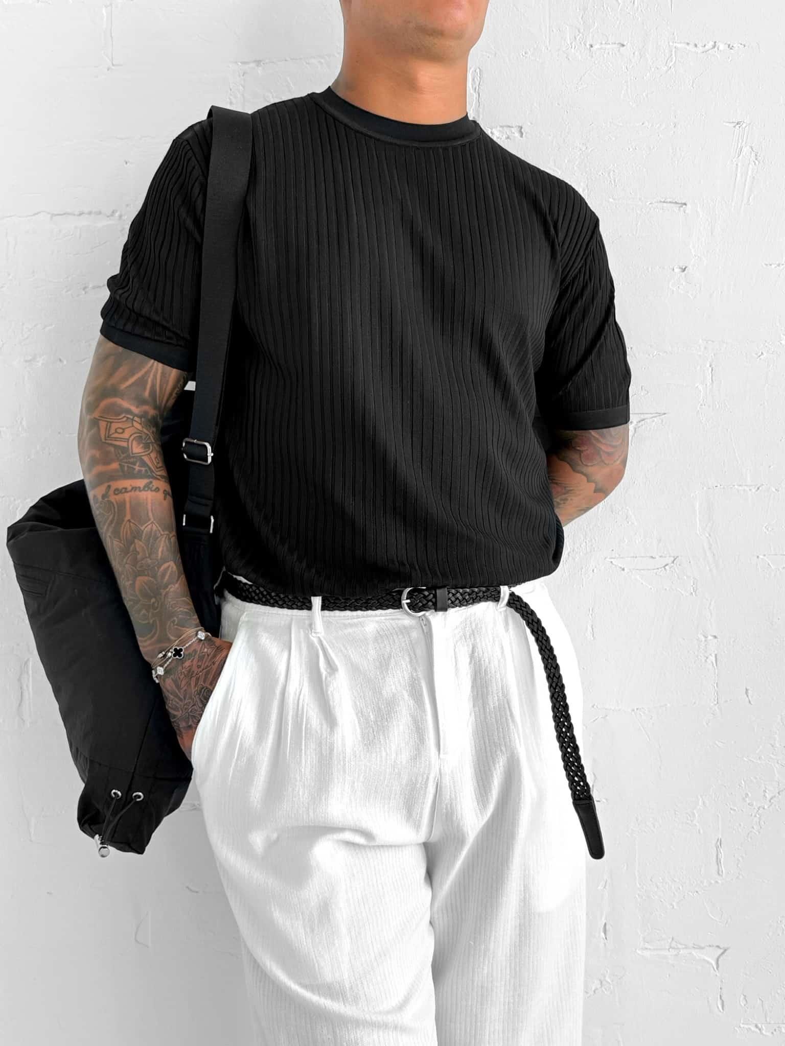 Erkek Slim Fit Fitilli T-Shirt Siyah