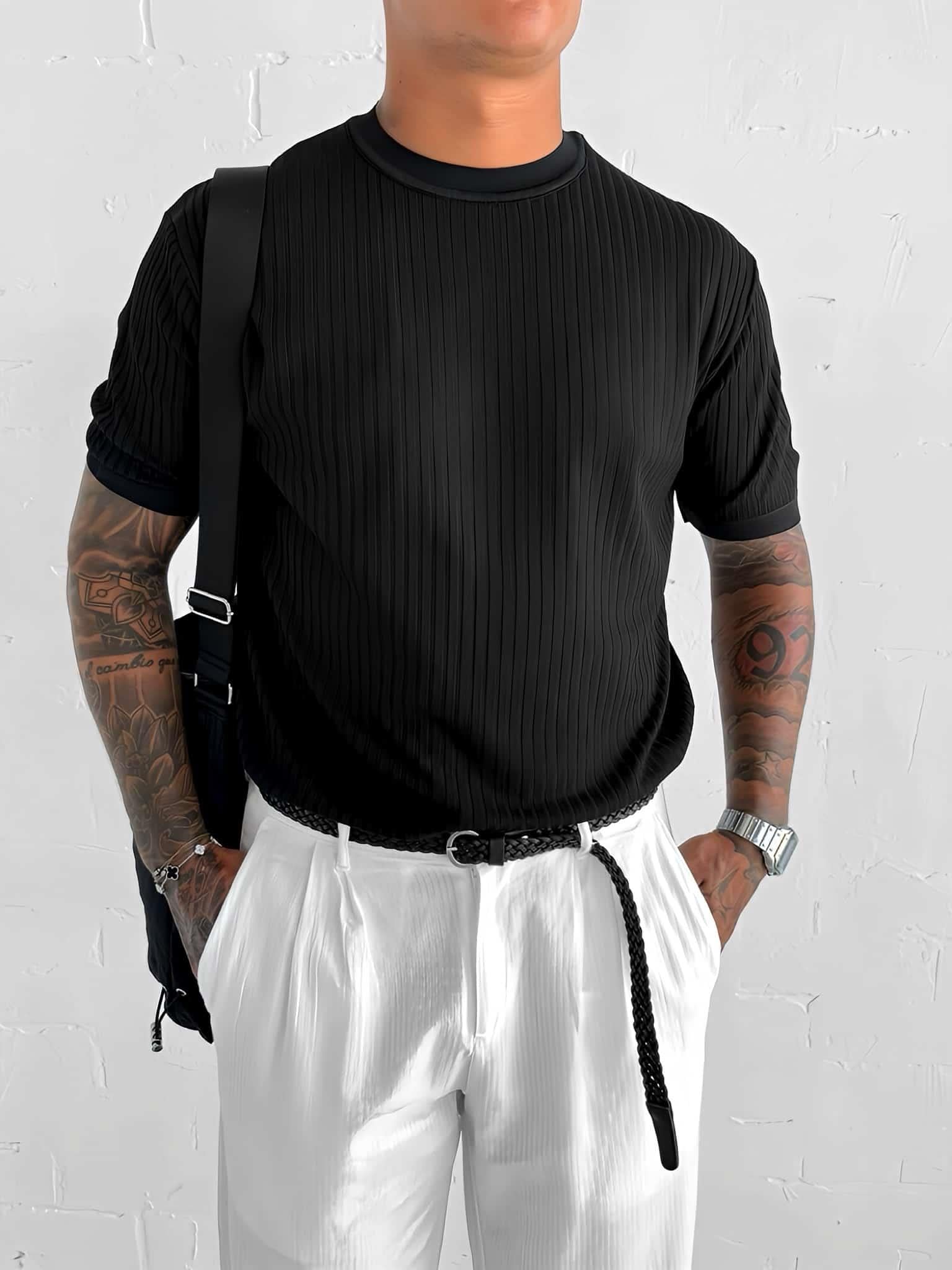 Erkek Slim Fit Fitilli T-Shirt Siyah