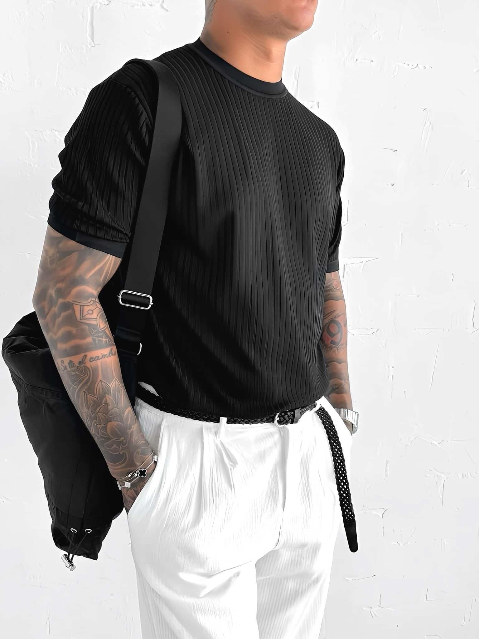 Erkek Slim Fit Fitilli T-Shirt Siyah