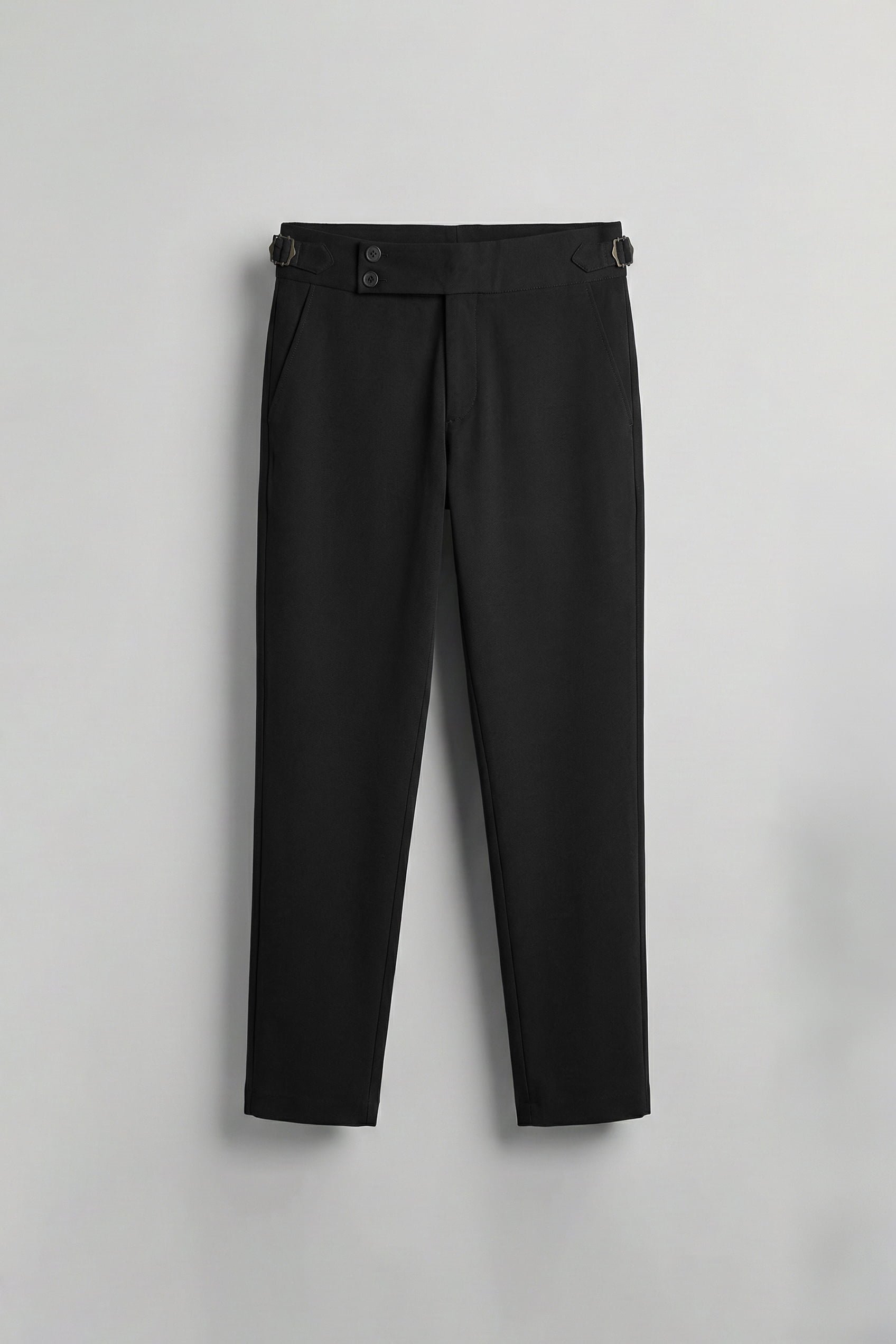 Erkek Slim Fit İtalyan Kesim Yan Tokalı Çift Düğmeli Pantolon Siyah