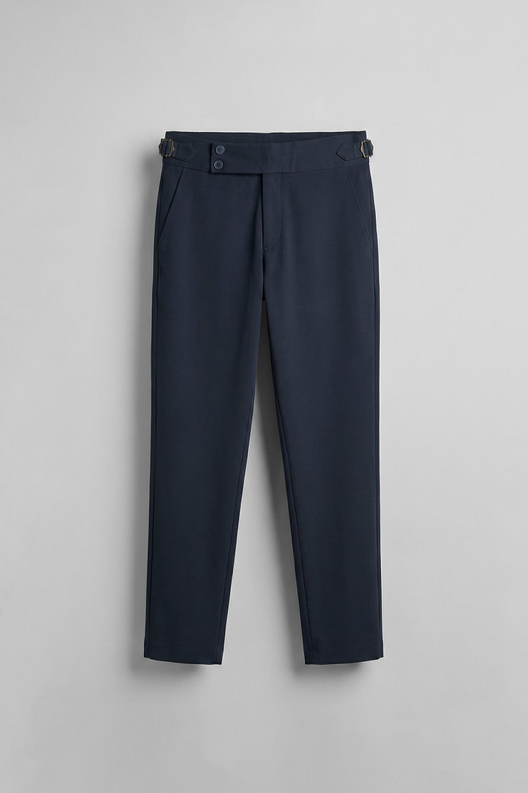 Erkek Slim Fit İtalyan Kesim Yan Tokalı Çift Düğmeli Pantolon Lacivert