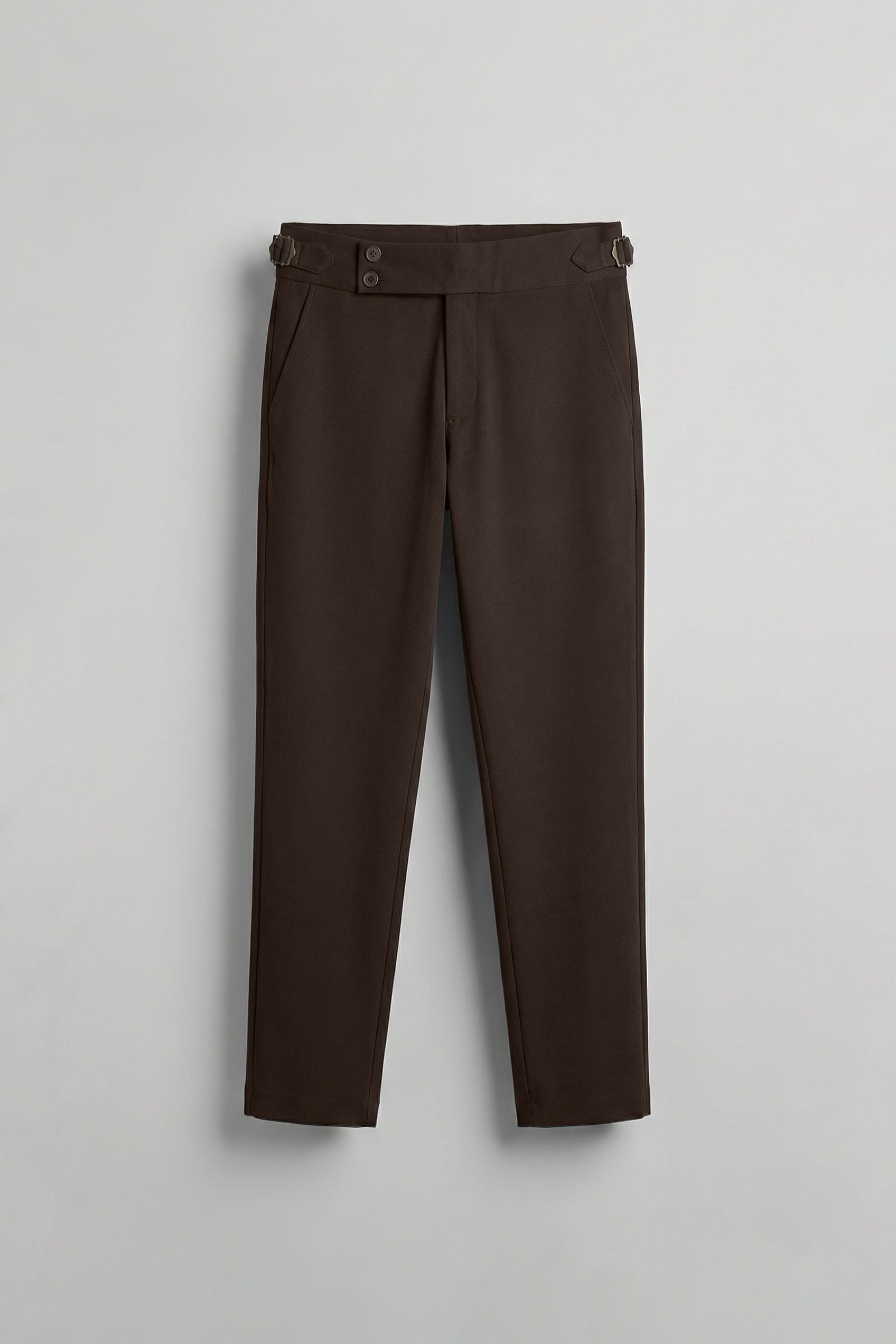 Erkek Slim Fit İtalyan Kesim Yan Tokalı Çift Düğmeli Pantolon Kahverengi