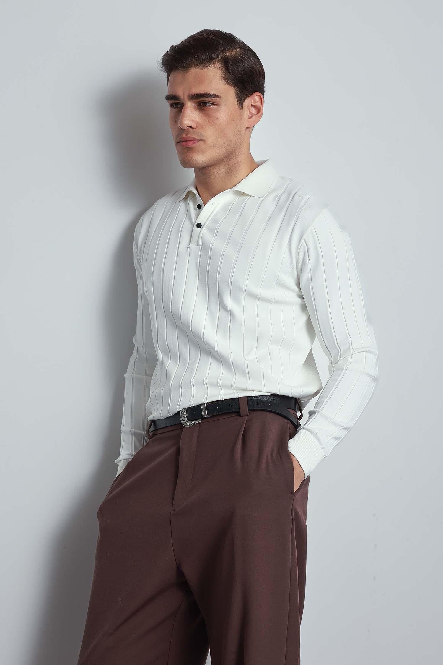 Erkek Slim Fit Premium Kumaş Polo Yaka Düğmeli Kazak Ekru