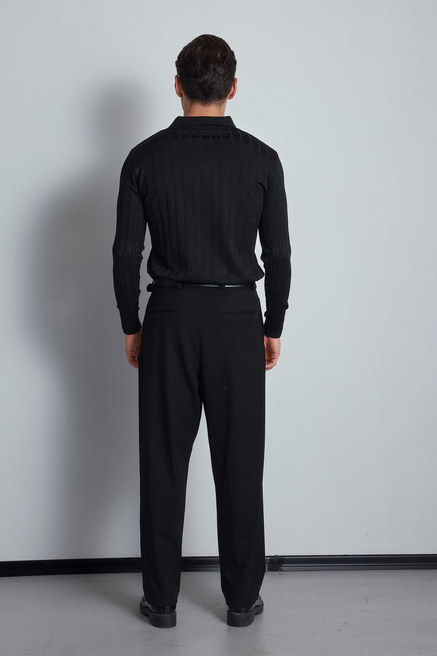 Erkek Slim Fit Premium Kumaş Polo Yaka Düğmeli Kazak Siyah