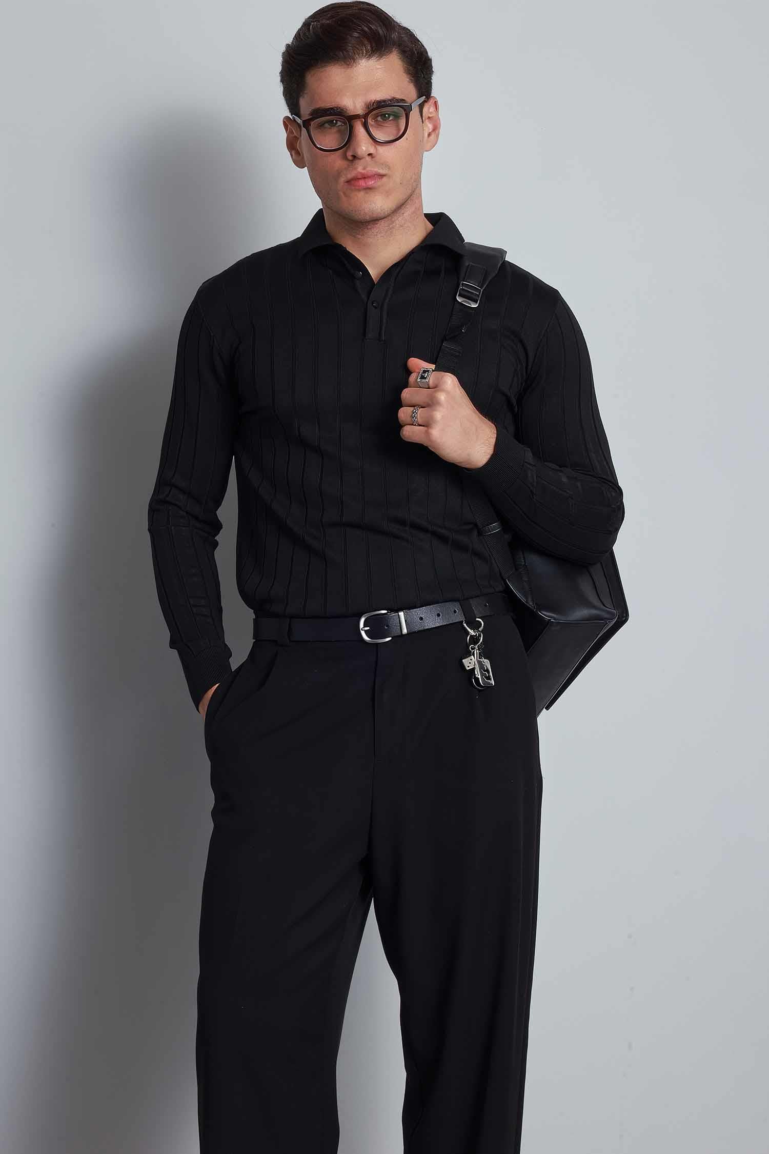 Erkek Slim Fit Premium Kumaş Polo Yaka Düğmeli Kazak Siyah