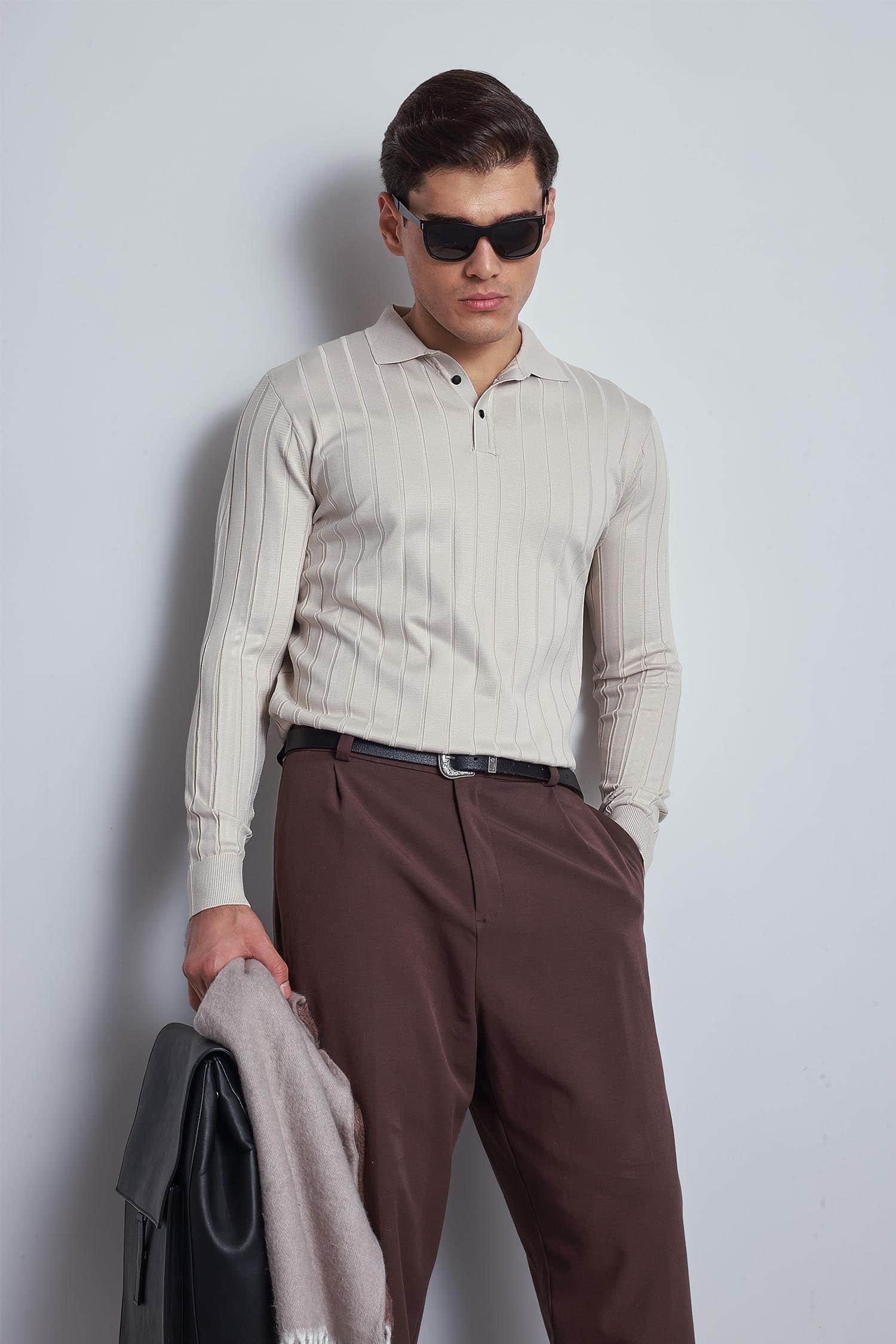 Erkek Slim Fit Premium Kumaş Polo Yaka Düğmeli Kazak Taş