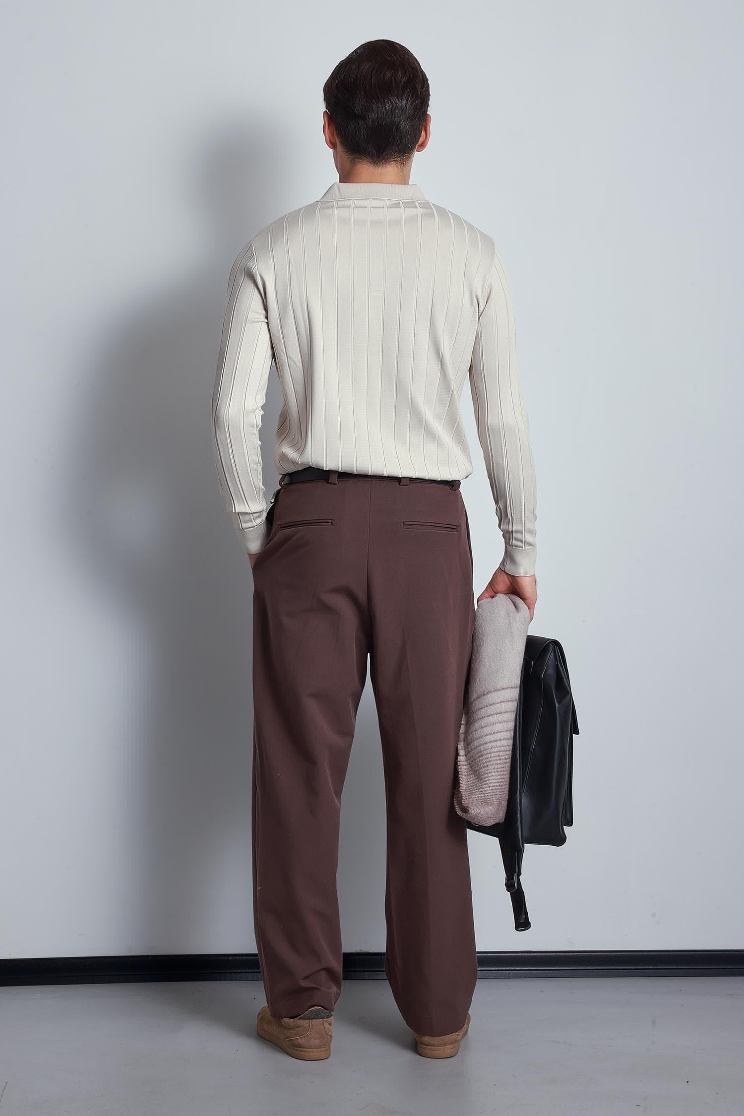 Erkek Slim Fit Premium Kumaş Polo Yaka Düğmeli Kazak Taş