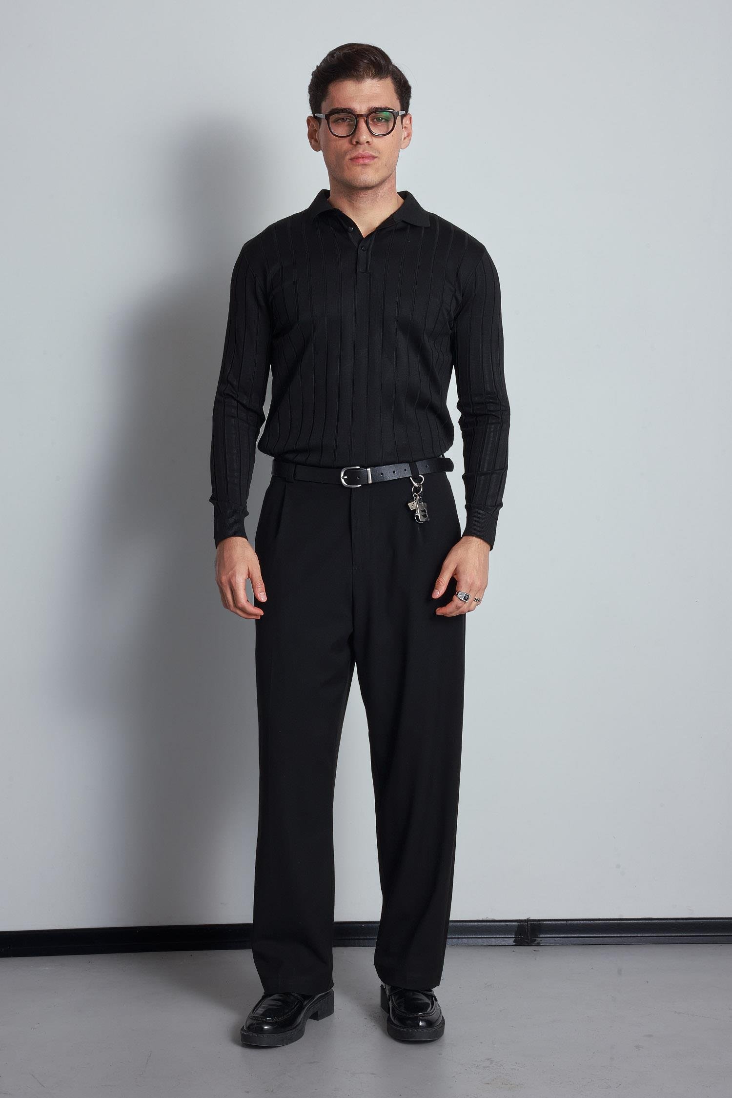 Erkek Slim Fit Premium Kumaş Polo Yaka Düğmeli Kazak Siyah