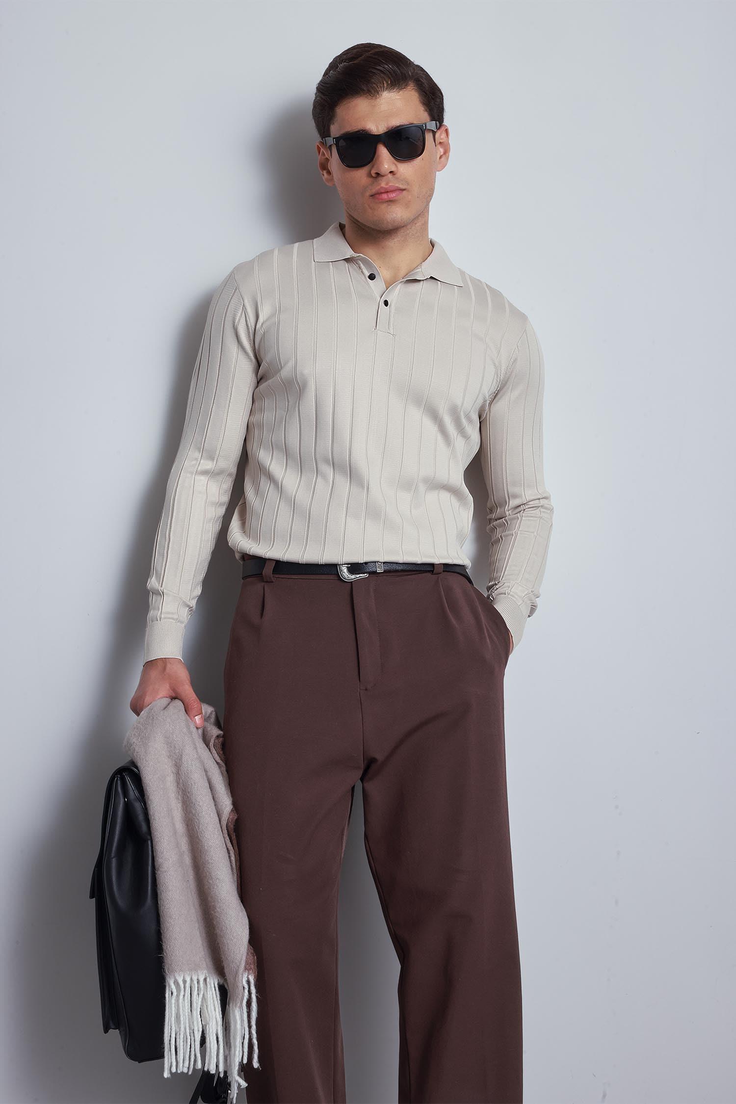 Erkek Slim Fit Premium Kumaş Polo Yaka Düğmeli Kazak Taş