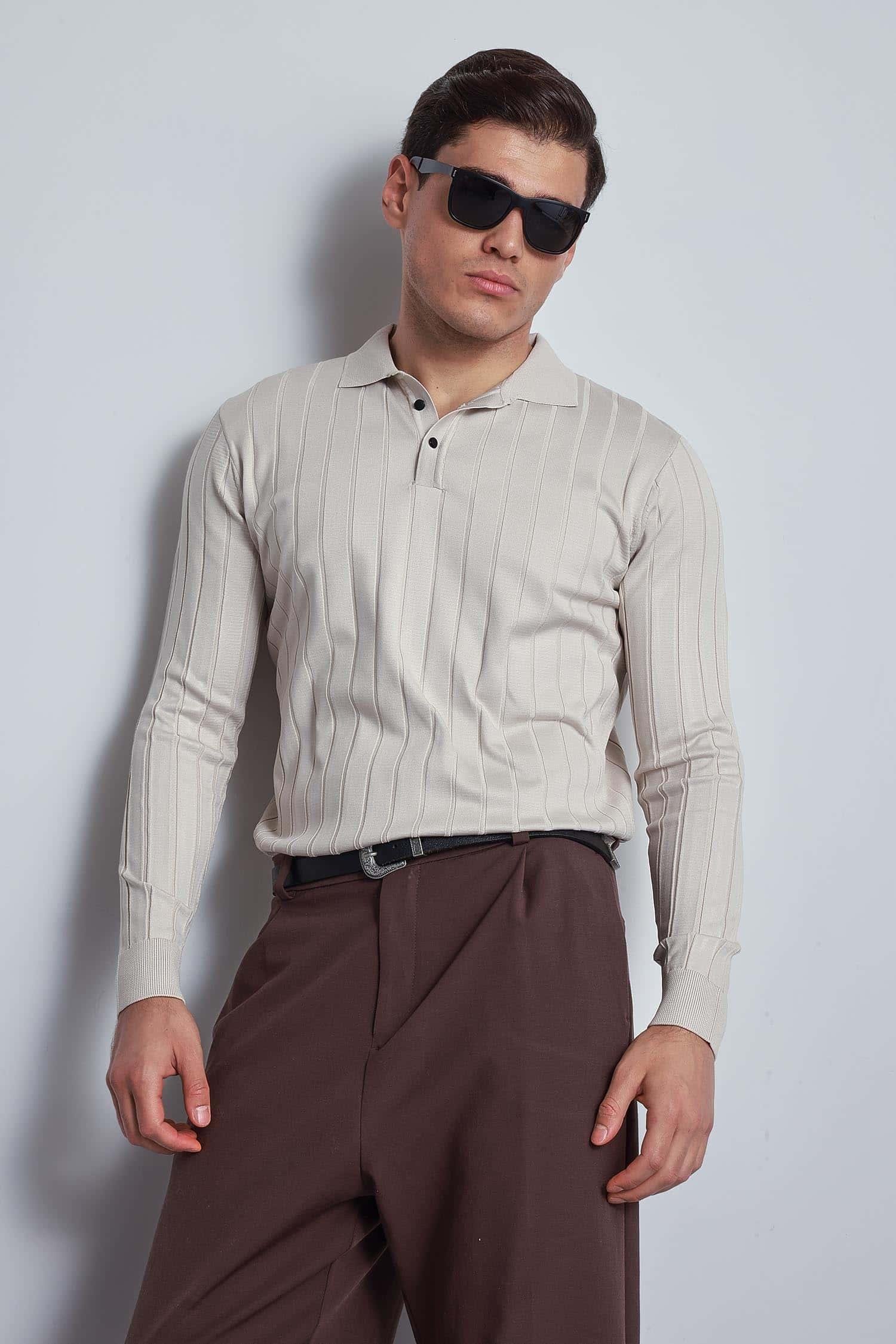 Erkek Slim Fit Premium Kumaş Polo Yaka Düğmeli Kazak Taş