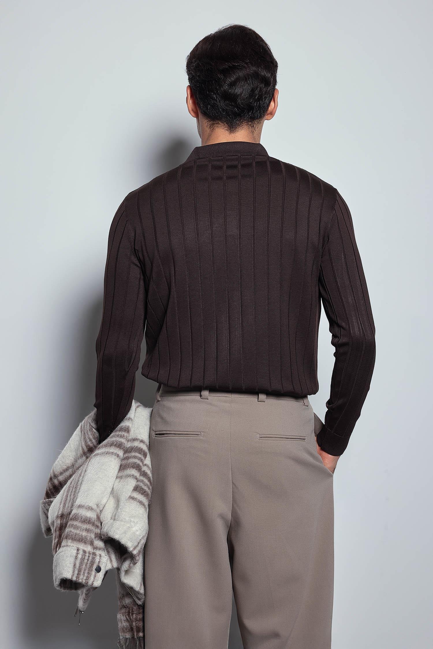 Erkek Slim Fit Premium Kumaş Polo Yaka Düğmeli Kazak Kahverengi