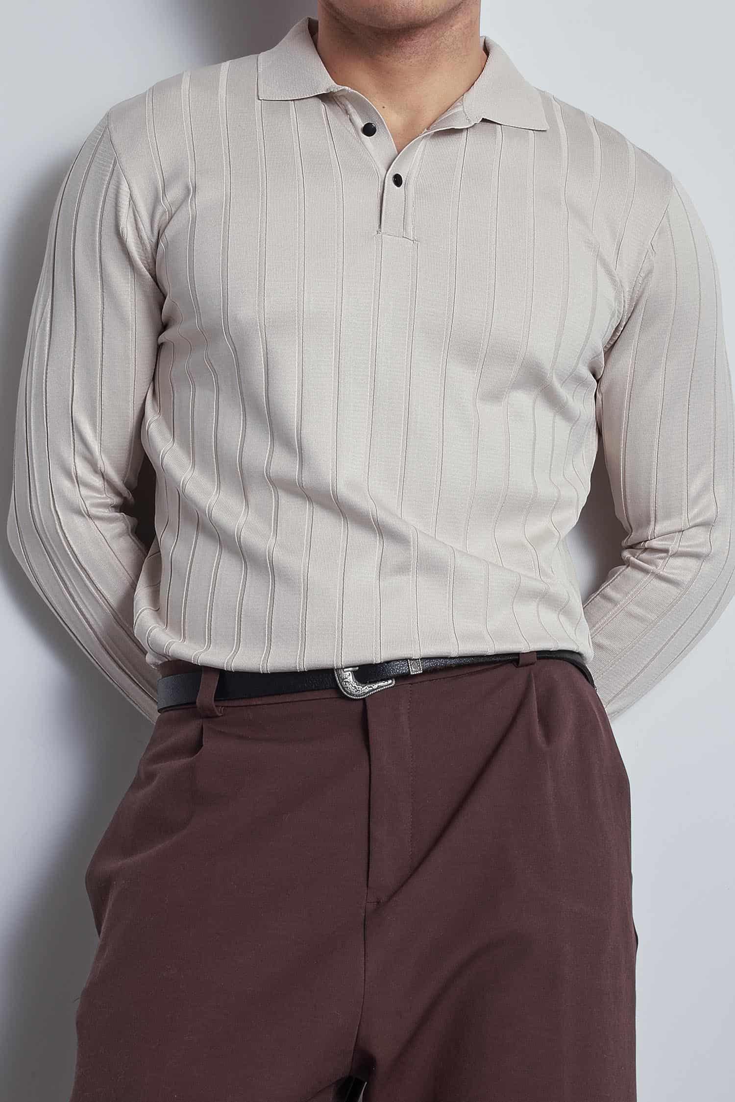 Erkek Slim Fit Premium Kumaş Polo Yaka Düğmeli Kazak Taş