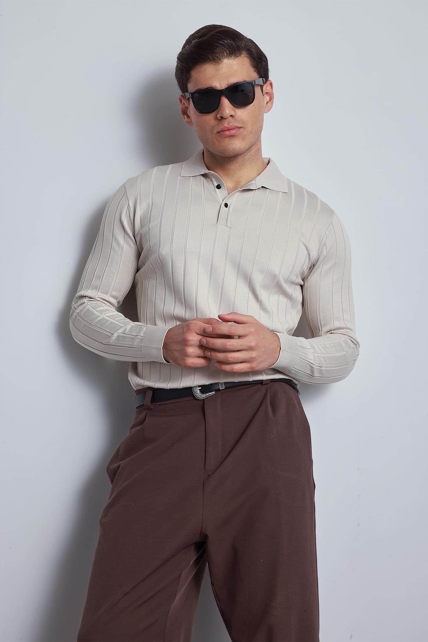 Erkek Slim Fit Premium Kumaş Polo Yaka Düğmeli Kazak Taş