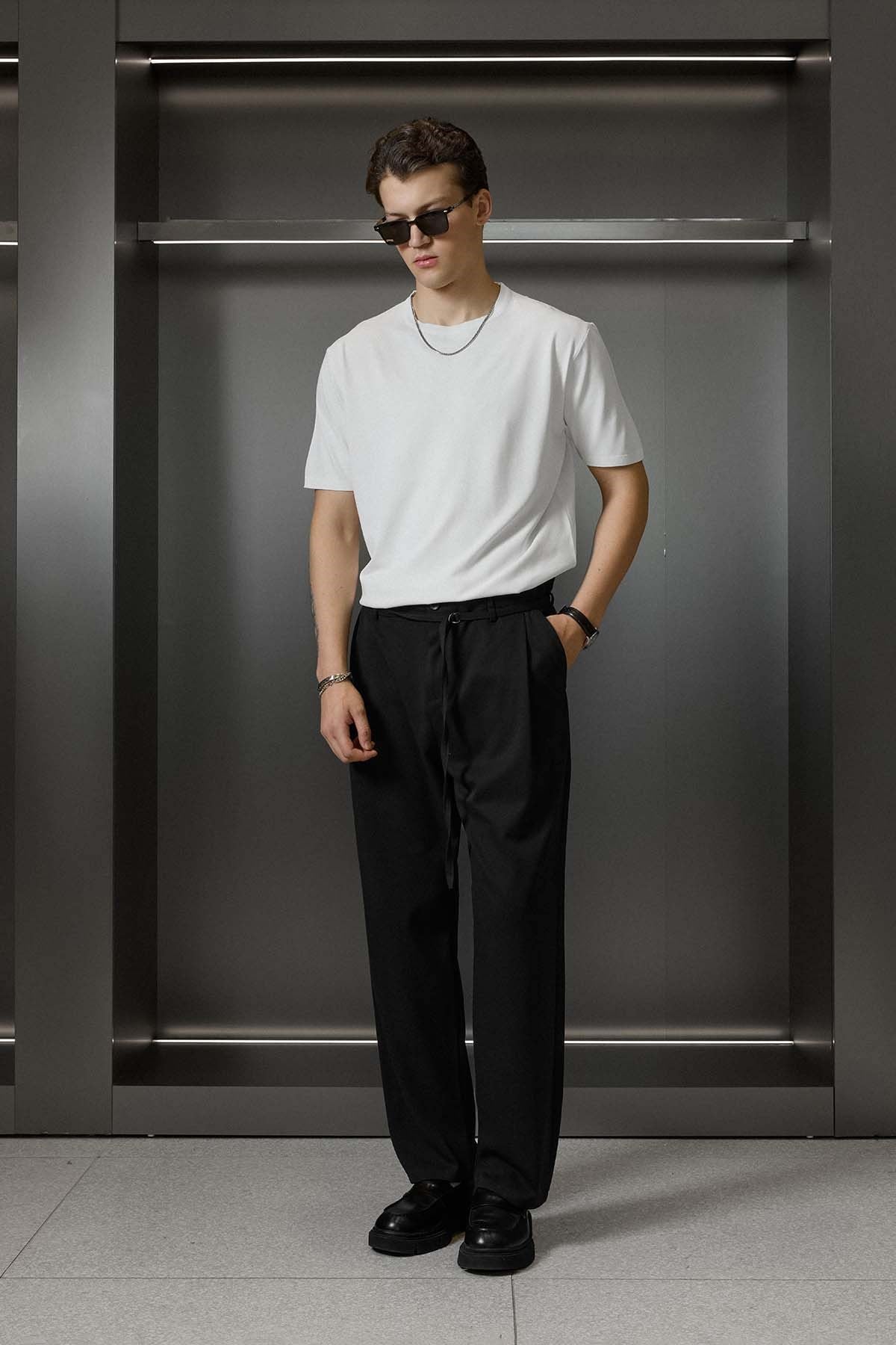 Erkek Slim Fit Triko Bisiklet Yaka Basic T-Shirt Ekru