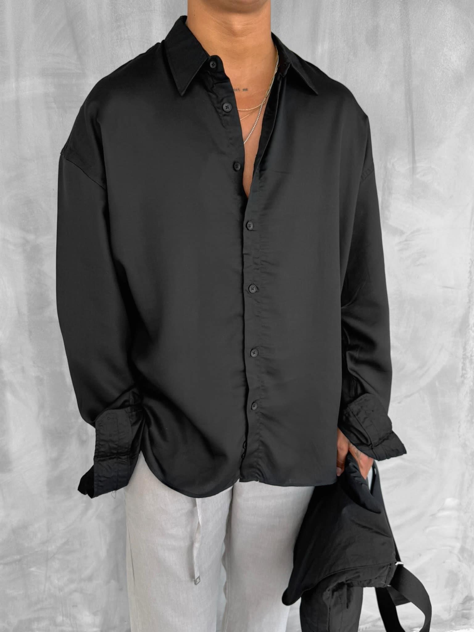 Erkek Soft Dokulu Basic Oversize Gömlek Siyah