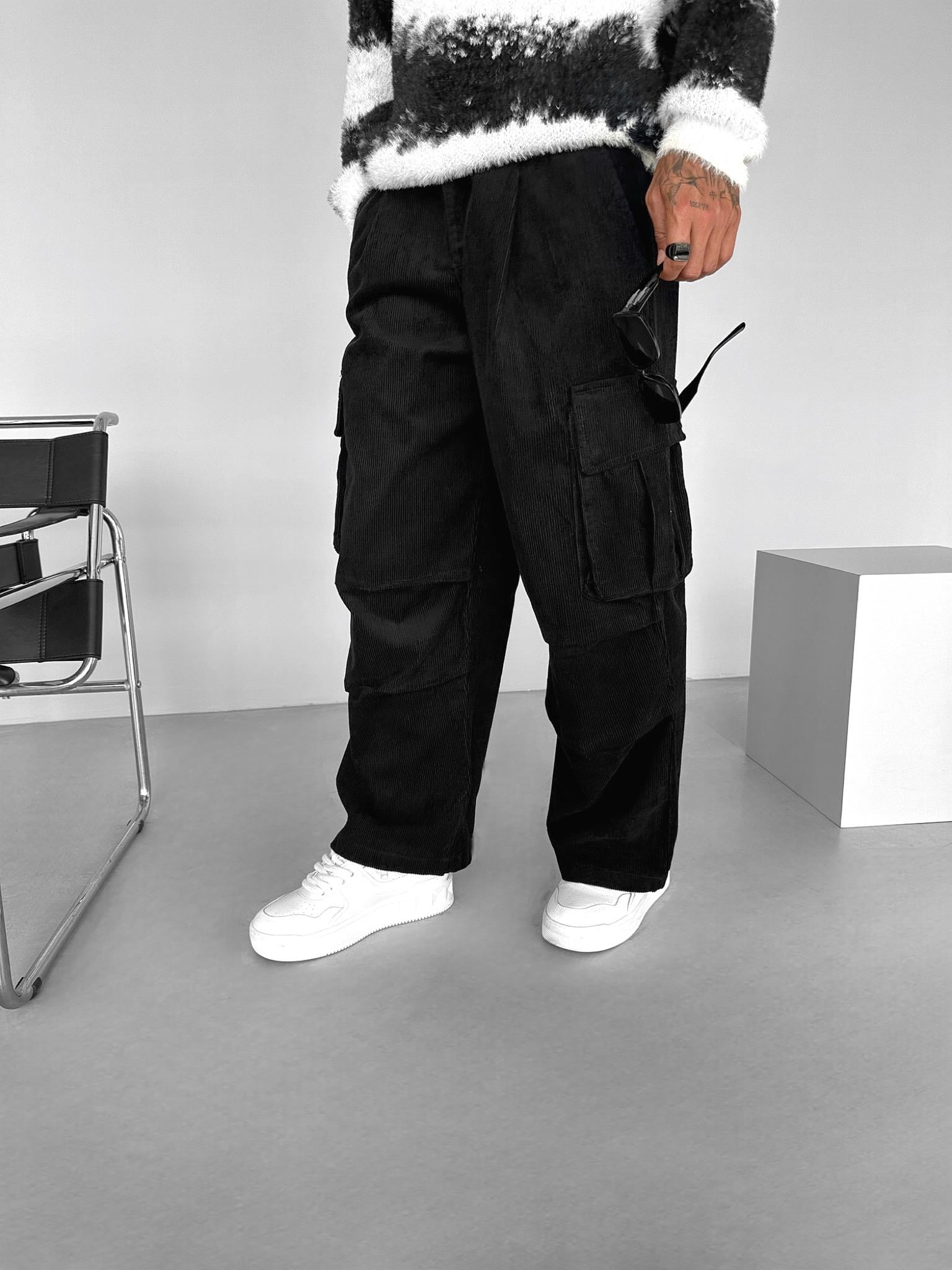 Erkek Super Baggy Geniş Kalıp Kargo Cepli Geniş Paça Kadife Jean Pantolon Siyah