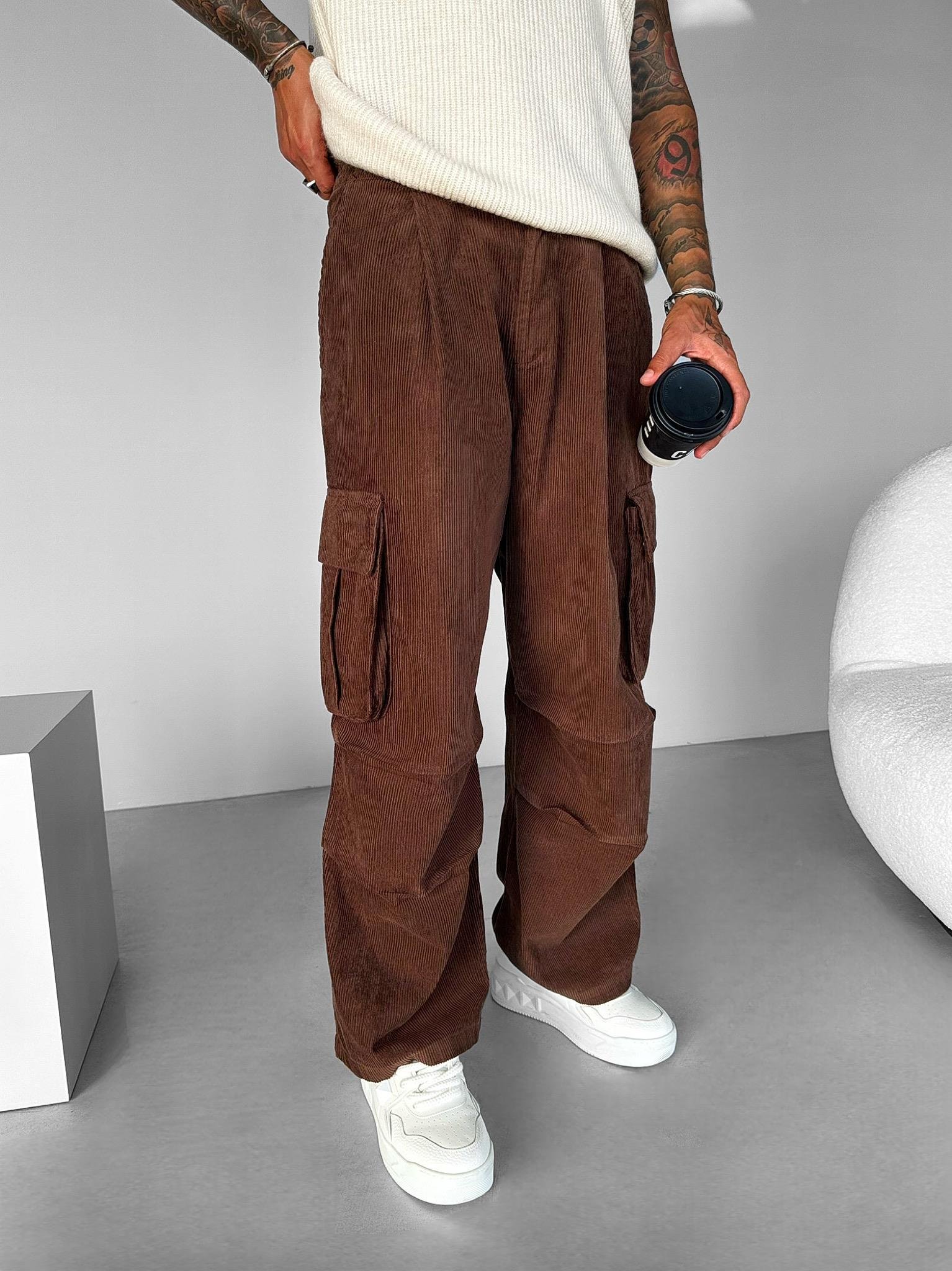 Erkek Super Baggy Geniş Kalıp Kargo Cepli Geniş Paça Kadife Jean Pantolon Kahverengi