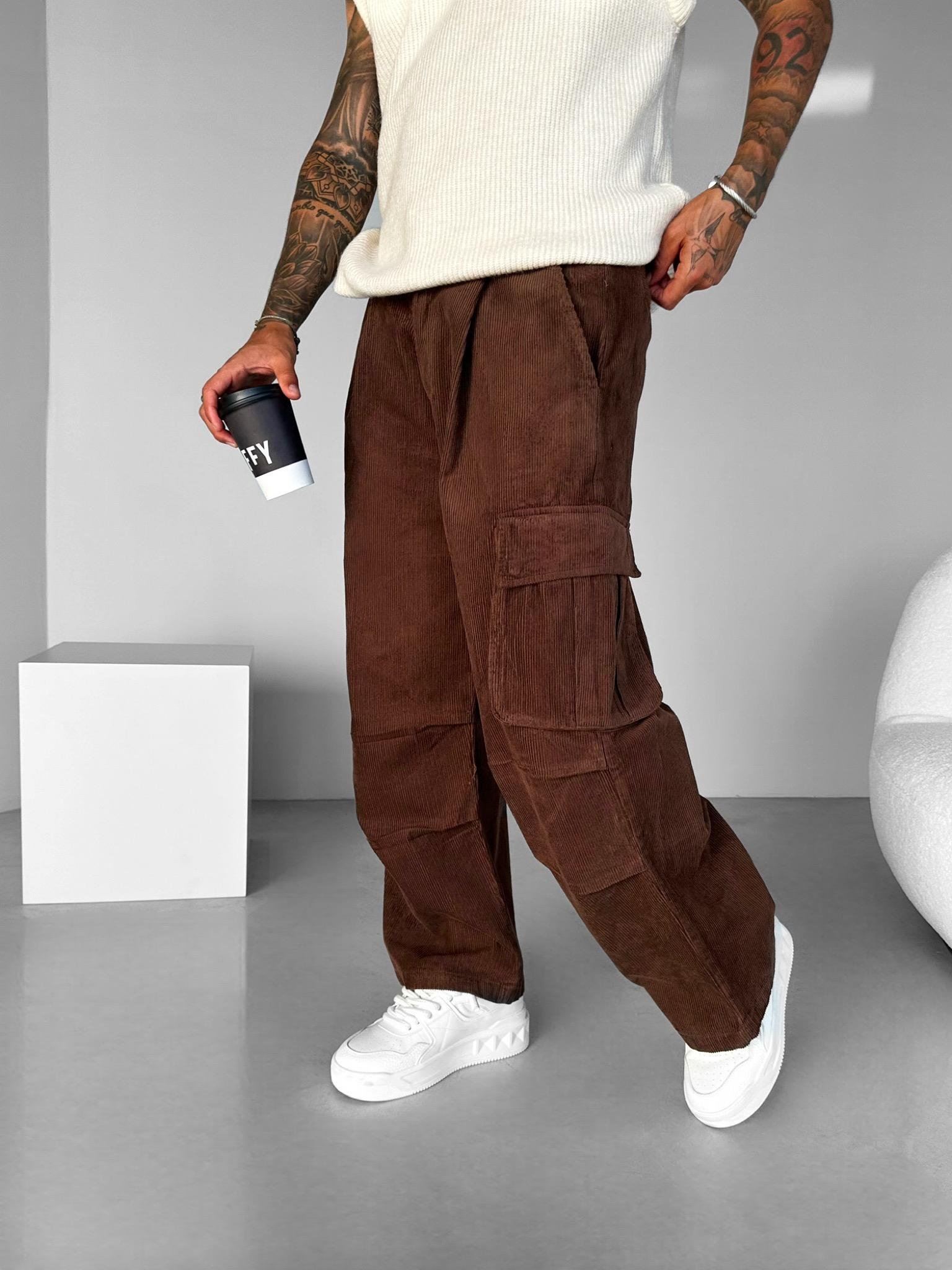 Erkek Super Baggy Geniş Kalıp Kargo Cepli Geniş Paça Kadife Jean Pantolon Kahverengi
