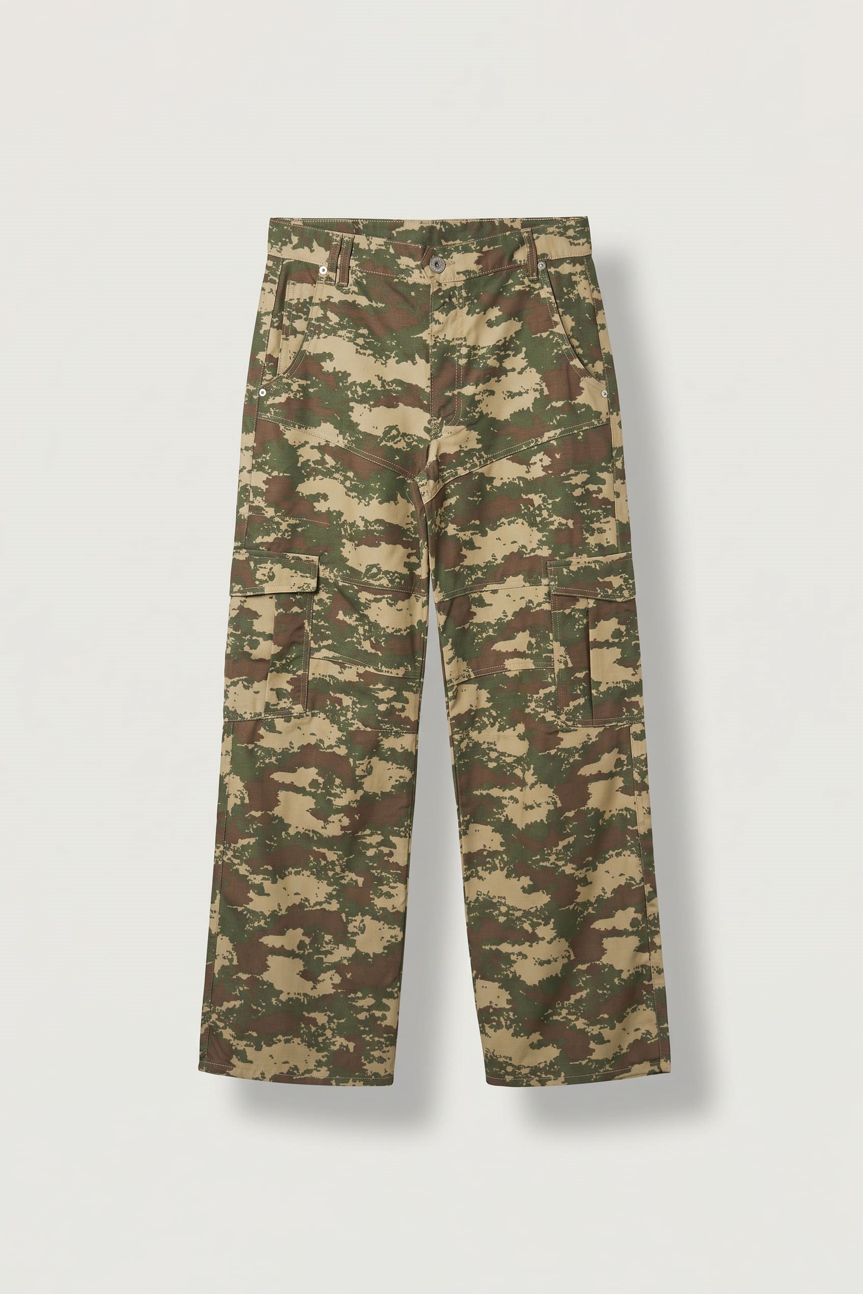 Erkek Süper Baggy Kamuflaj Desenli Kargo Pantolon Haki