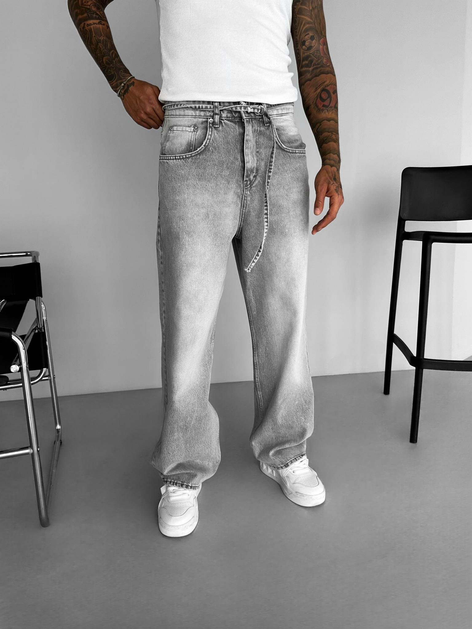 Erkek Super Baggy Kemerli Pantolon Jean Gri