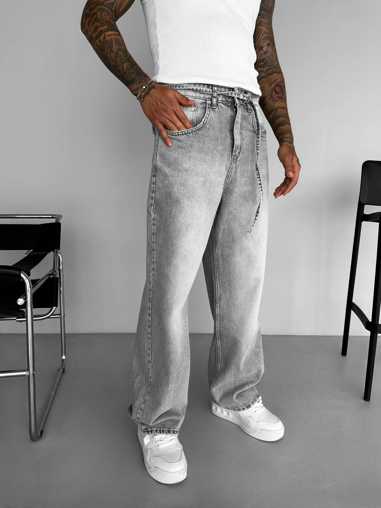 Erkek Super Baggy Kemerli Pantolon Jean Gri