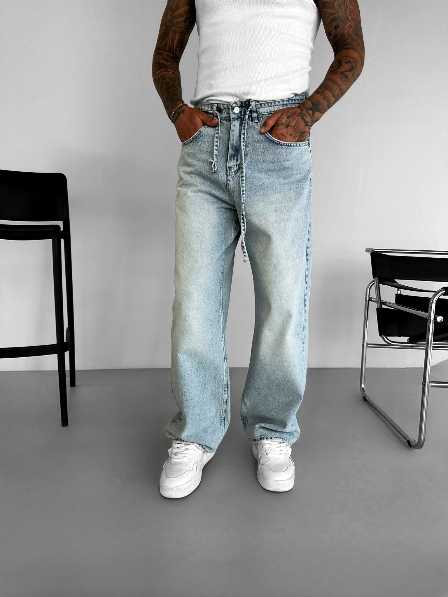 Erkek Super Baggy Kemerli Pantolon Jean Mavi