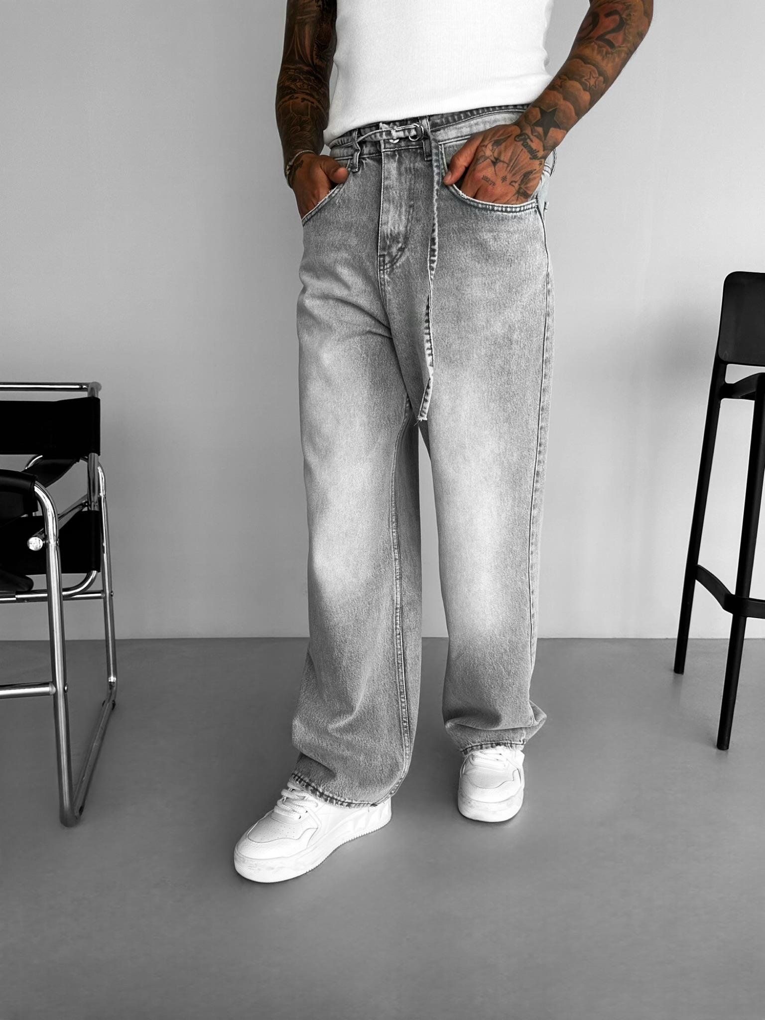 Erkek Super Baggy Kemerli Pantolon Jean Gri