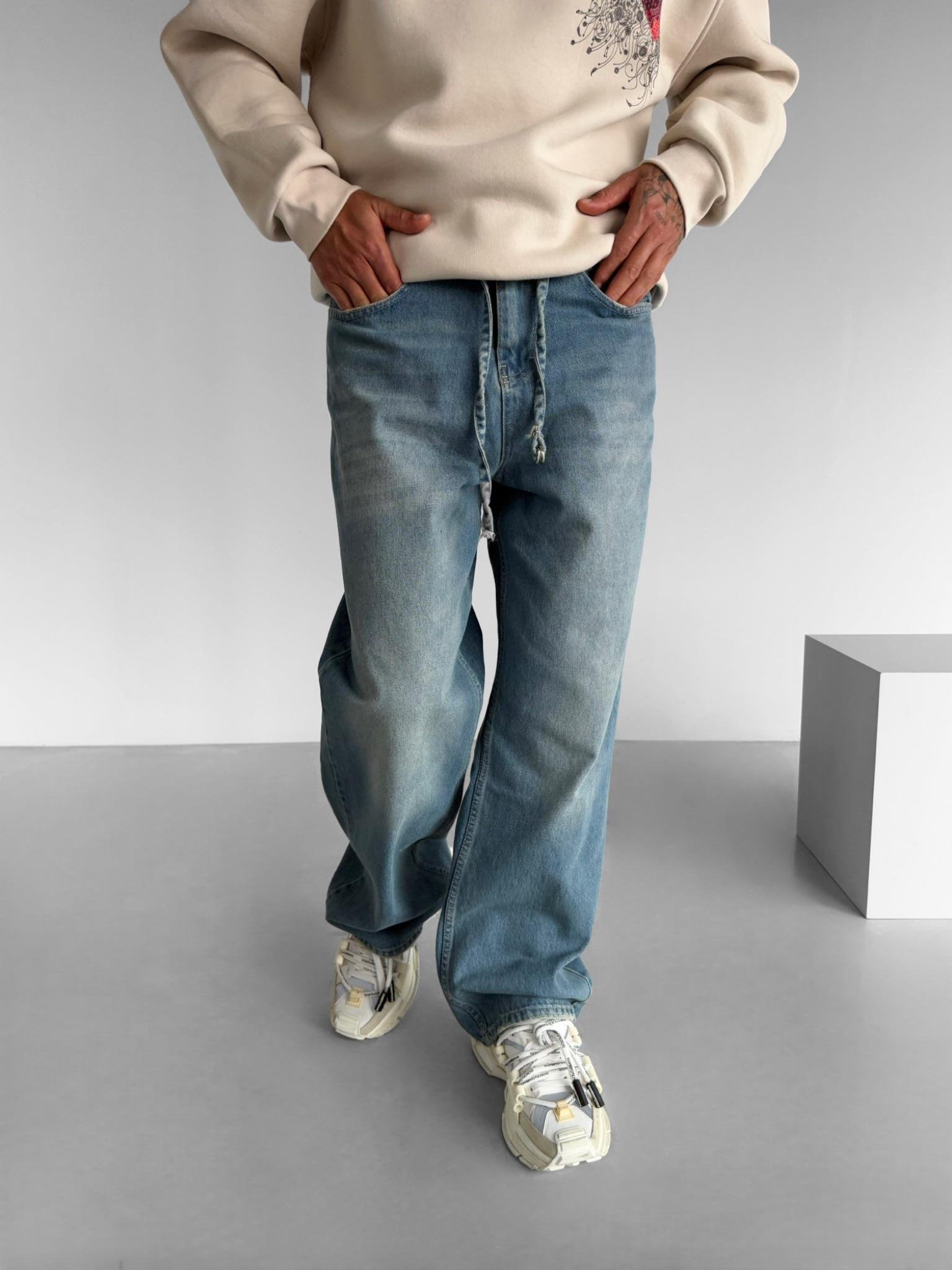 Erkek Super Baggy Kemerli Pantolon Jean Koyu Mavi