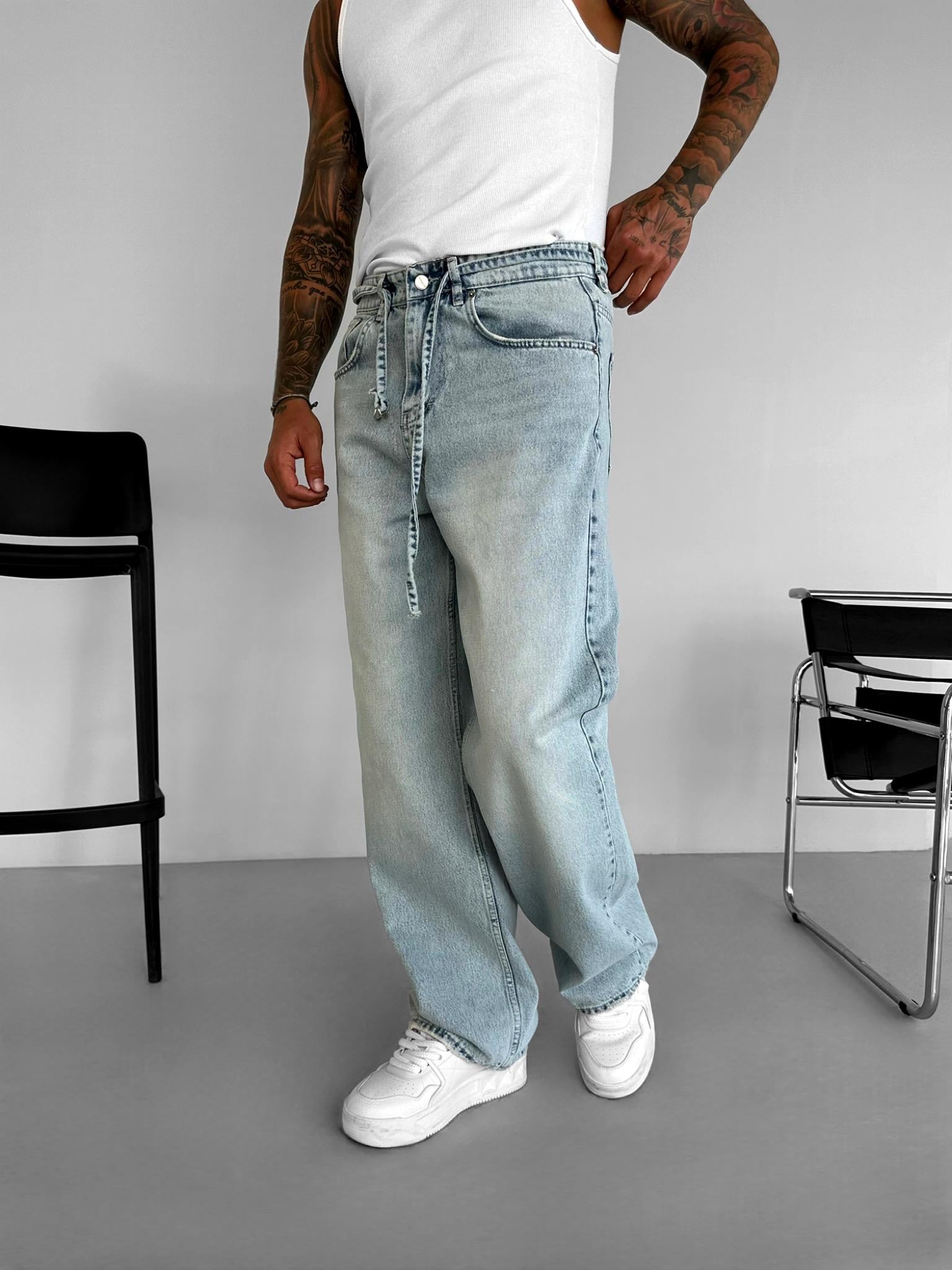Erkek Super Baggy Kemerli Pantolon Jean Mavi