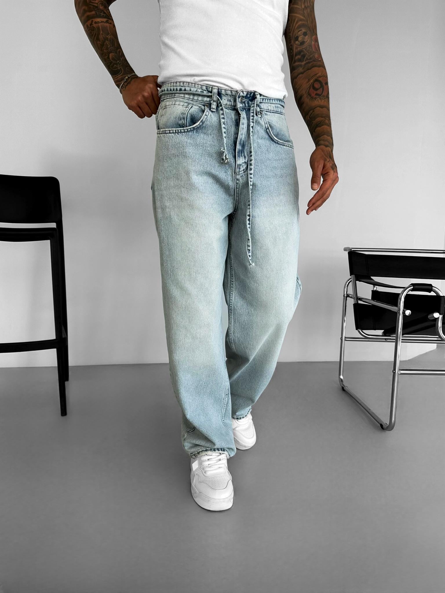 Erkek Super Baggy Kemerli Pantolon Jean Mavi