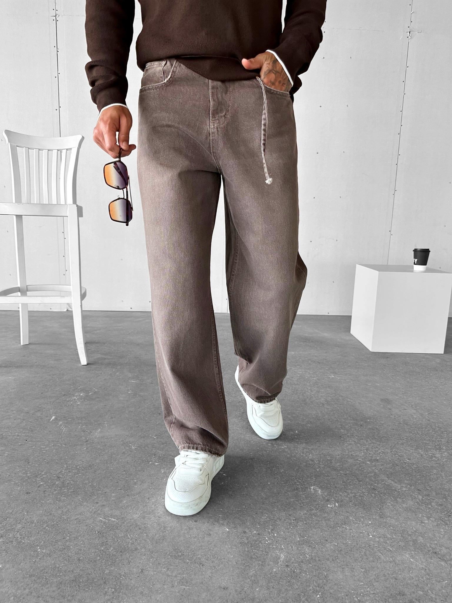 Erkek Super Baggy Kemerli Pantolon Jean Kahverengi