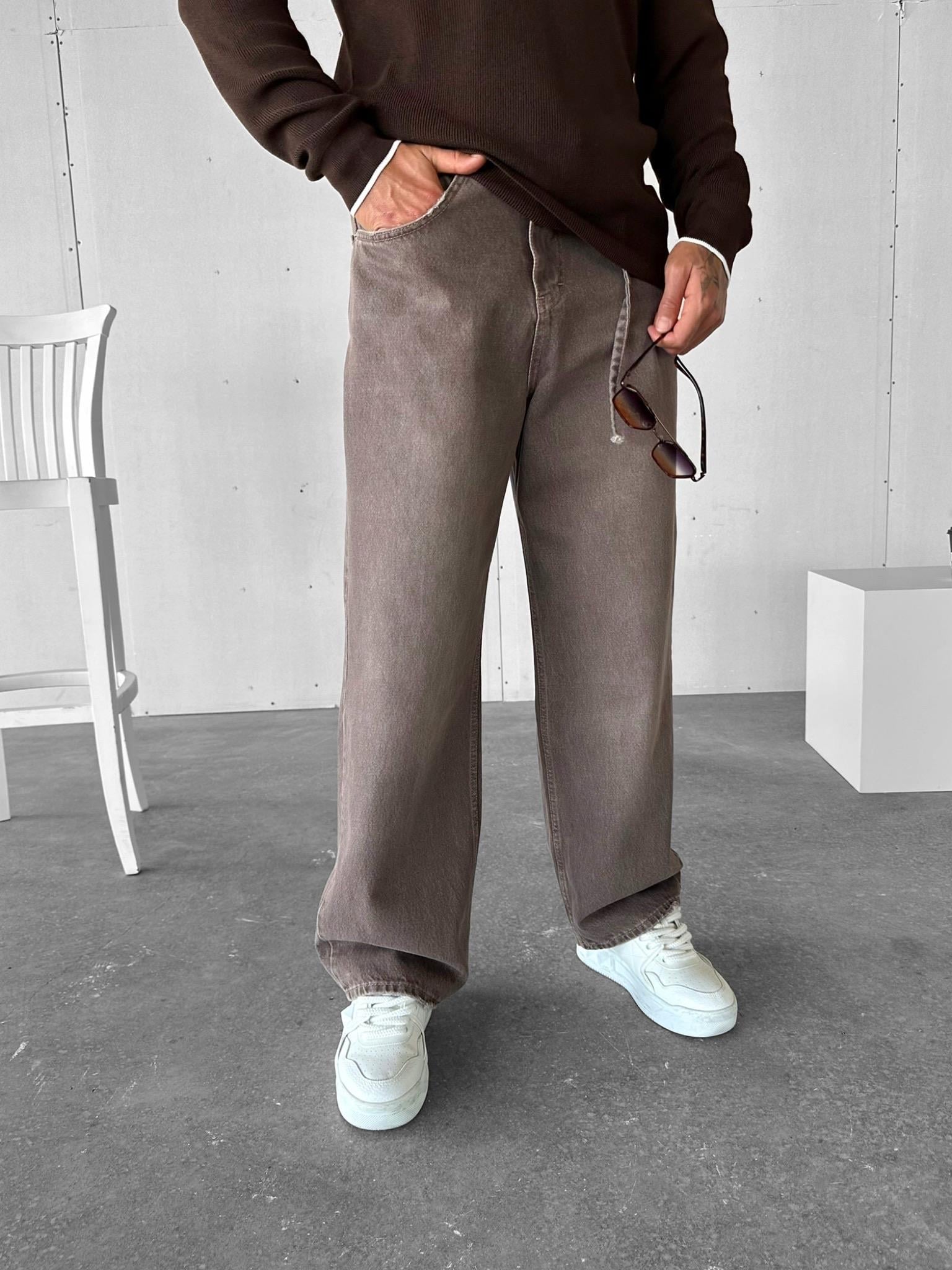 Erkek Super Baggy Kemerli Pantolon Jean Kahverengi