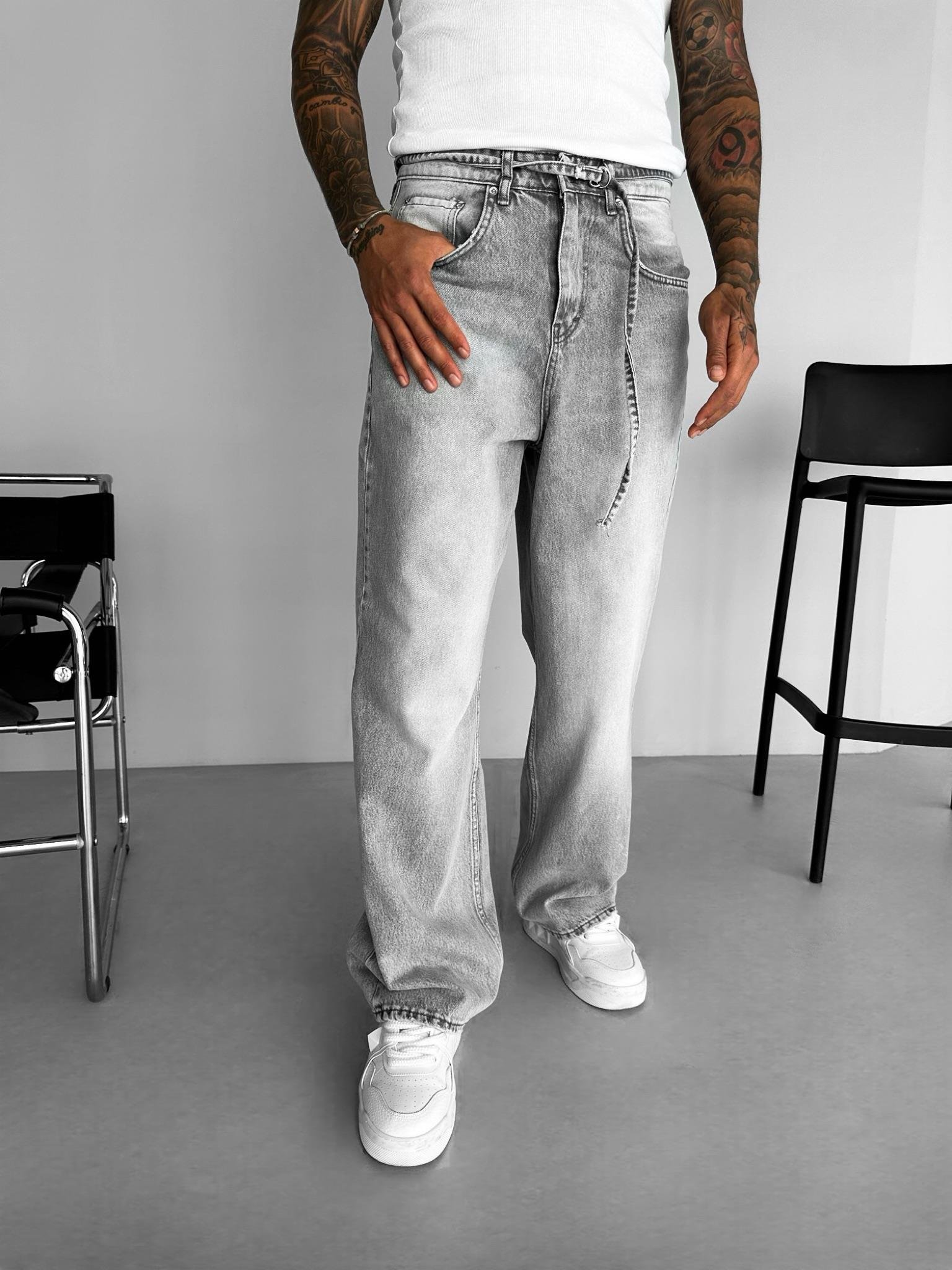 Erkek Super Baggy Kemerli Pantolon Jean Gri