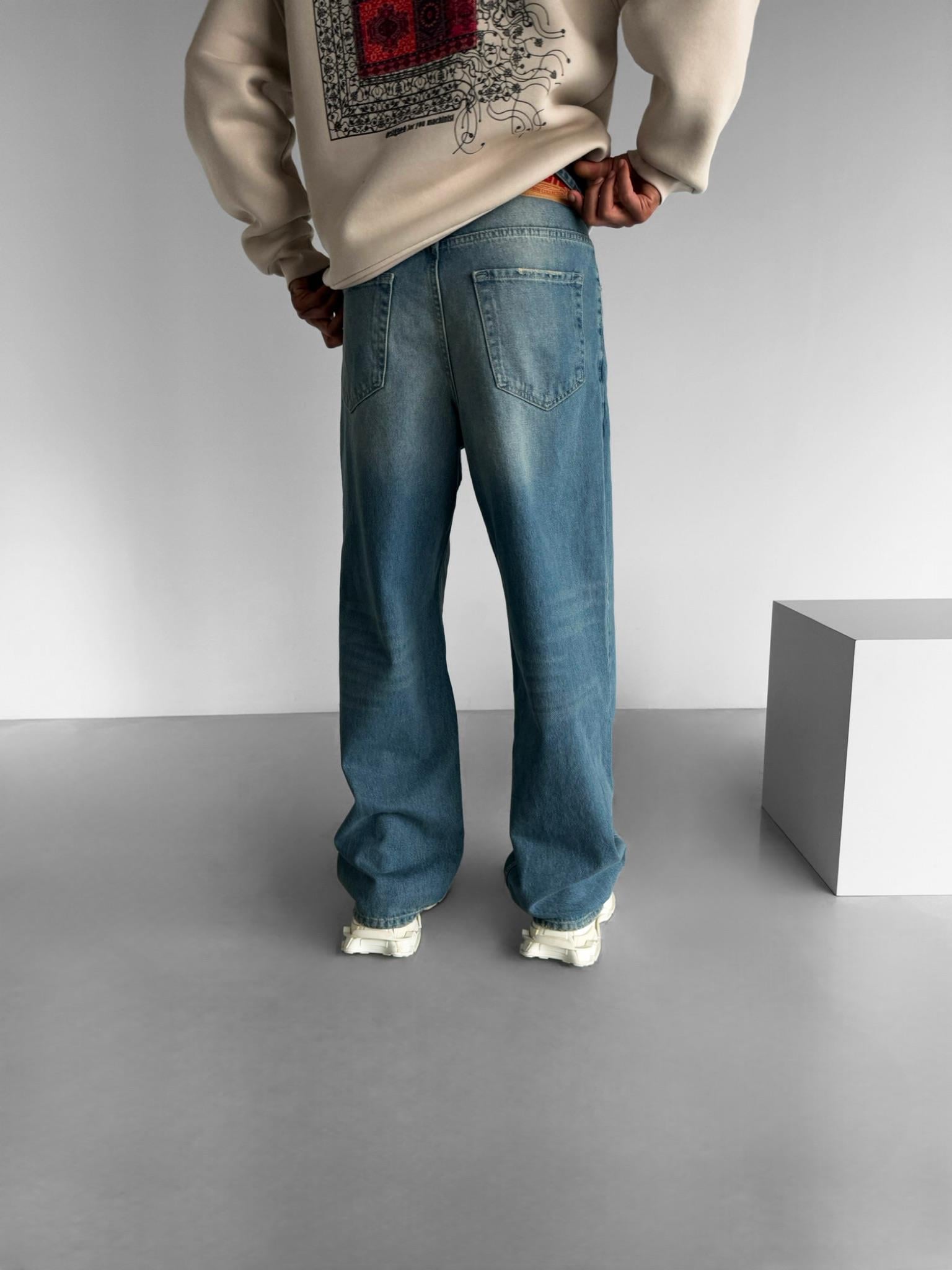 Erkek Super Baggy Kemerli Pantolon Jean Koyu Mavi