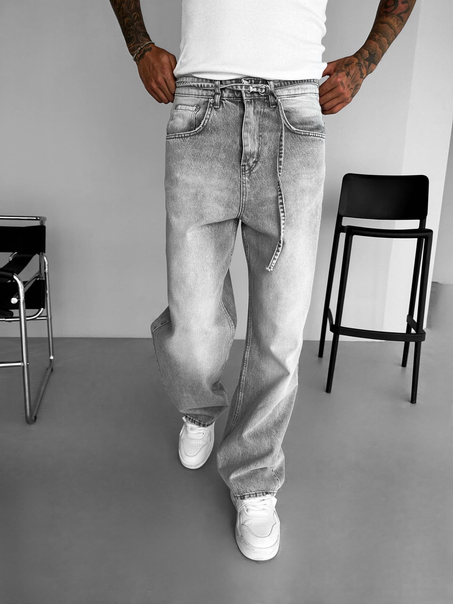 Erkek Super Baggy Kemerli Pantolon Jean Gri