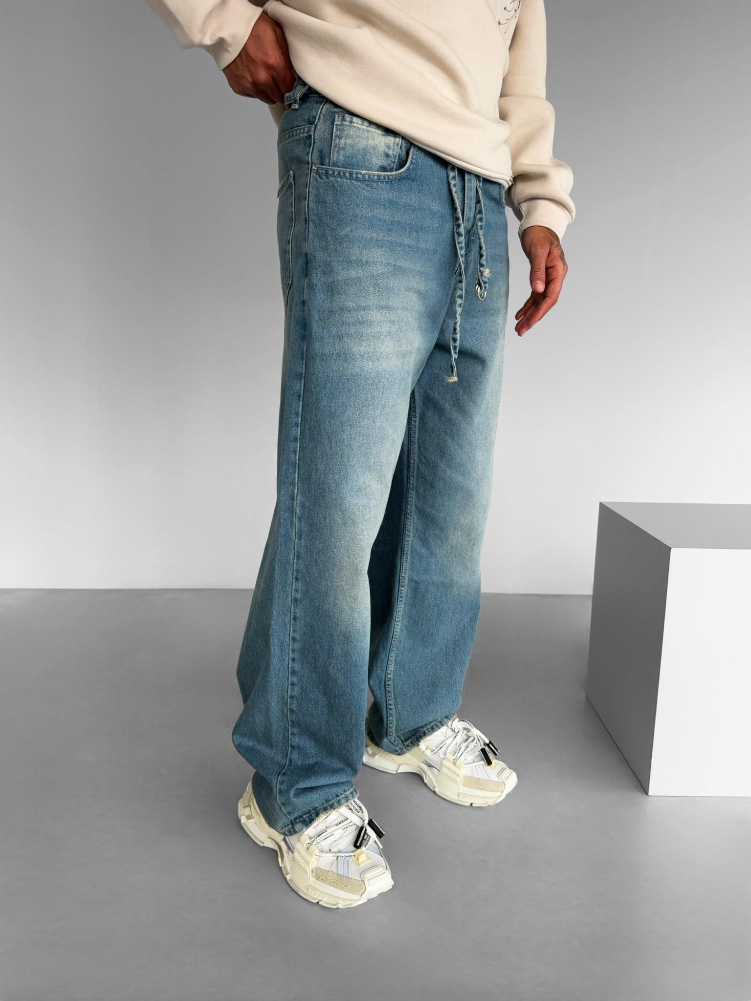 Erkek Super Baggy Kemerli Pantolon Jean Koyu Mavi