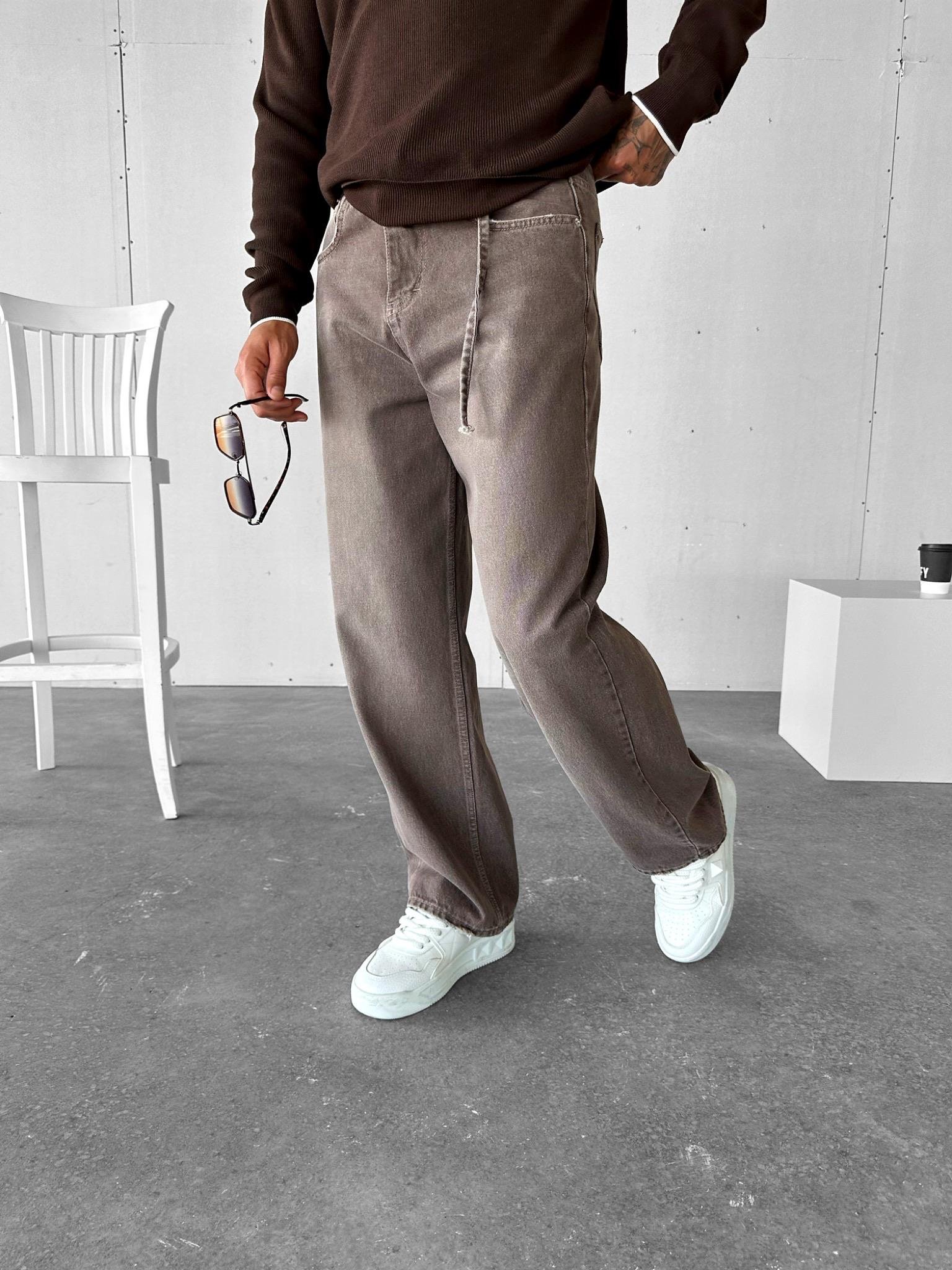 Erkek Super Baggy Kemerli Pantolon Jean Kahverengi