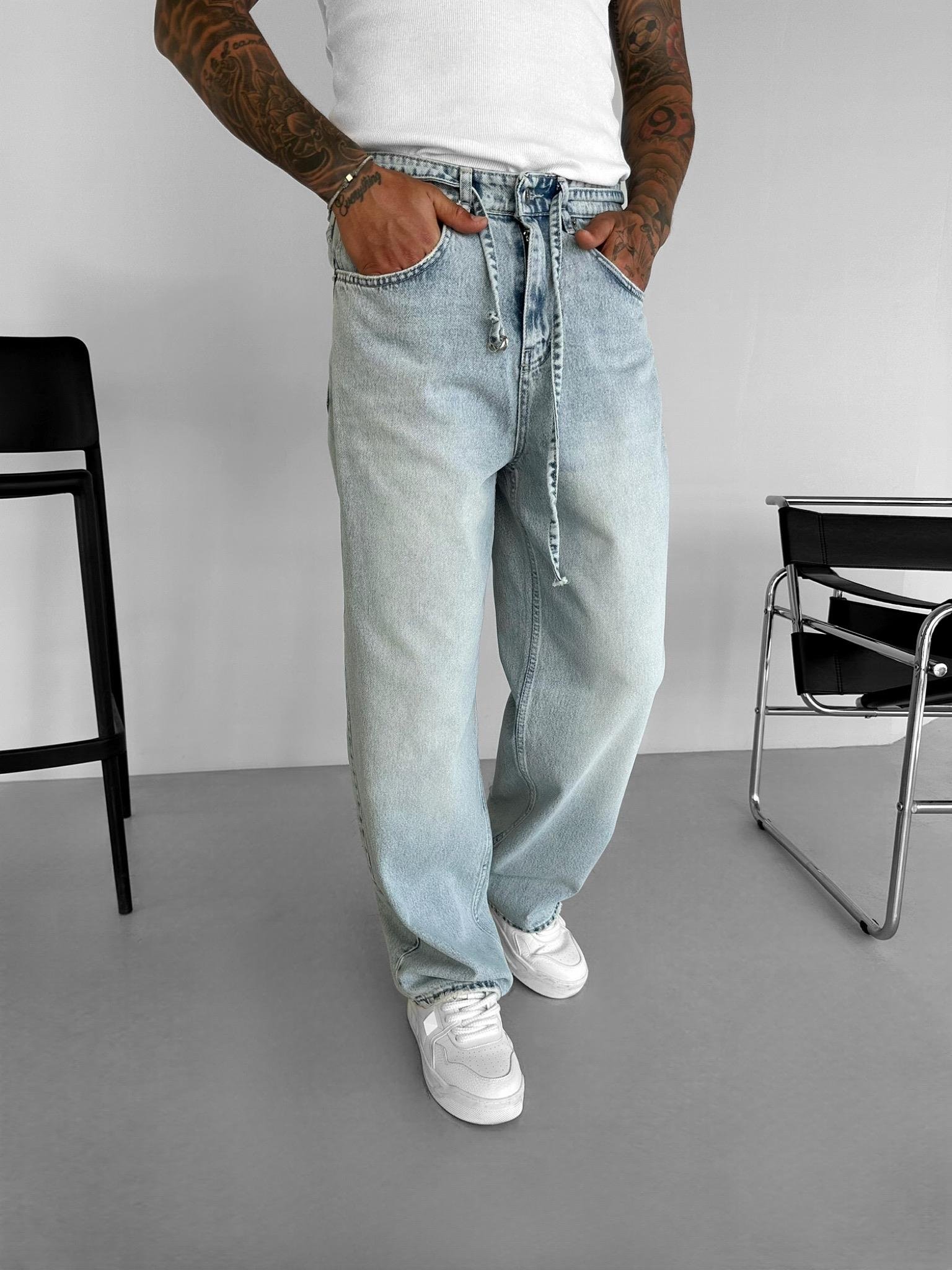 Erkek Super Baggy Kemerli Pantolon Jean Mavi