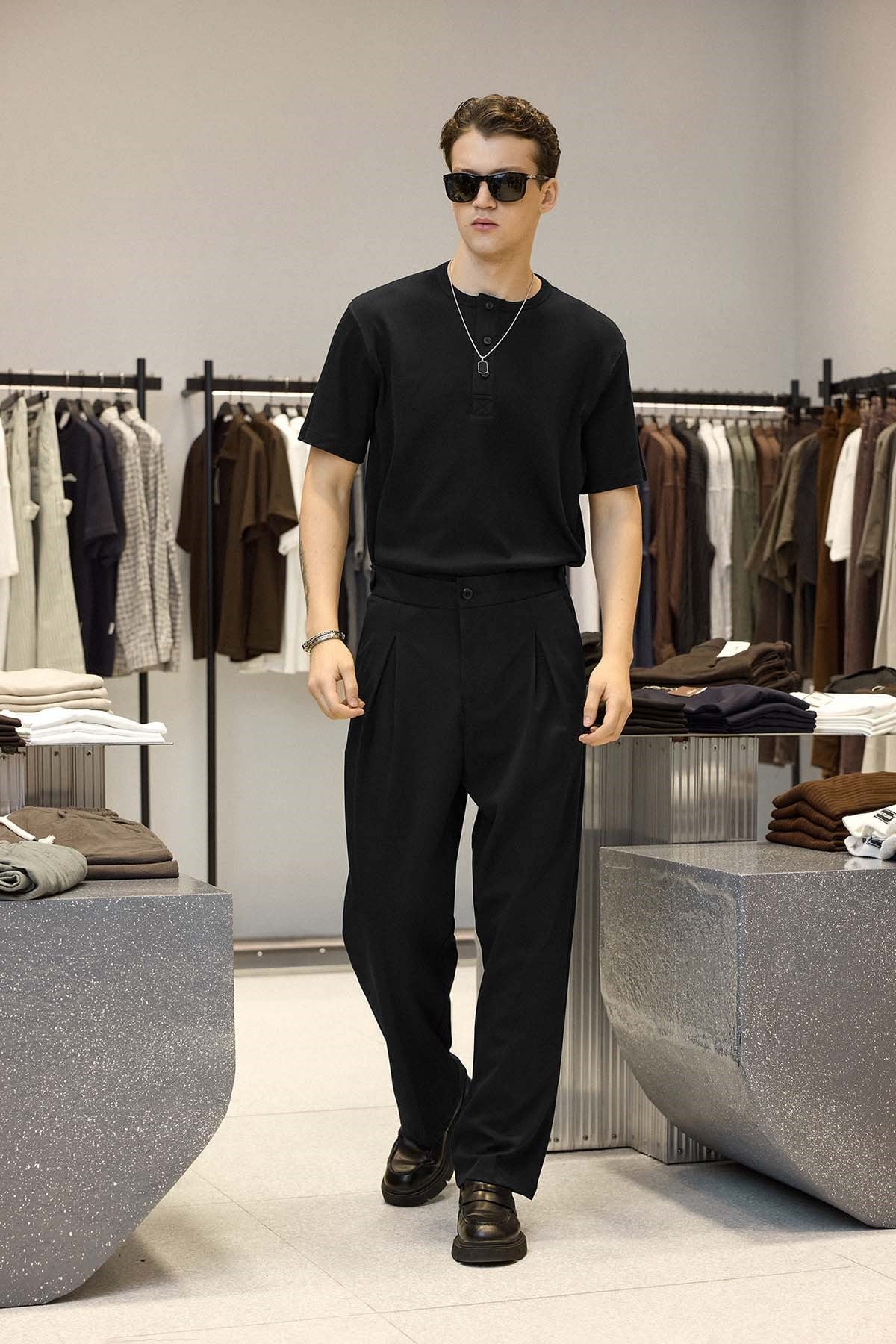 Erkek Süper Baggy Pileli Geniş Paça Gabardin Pantolon Siyah