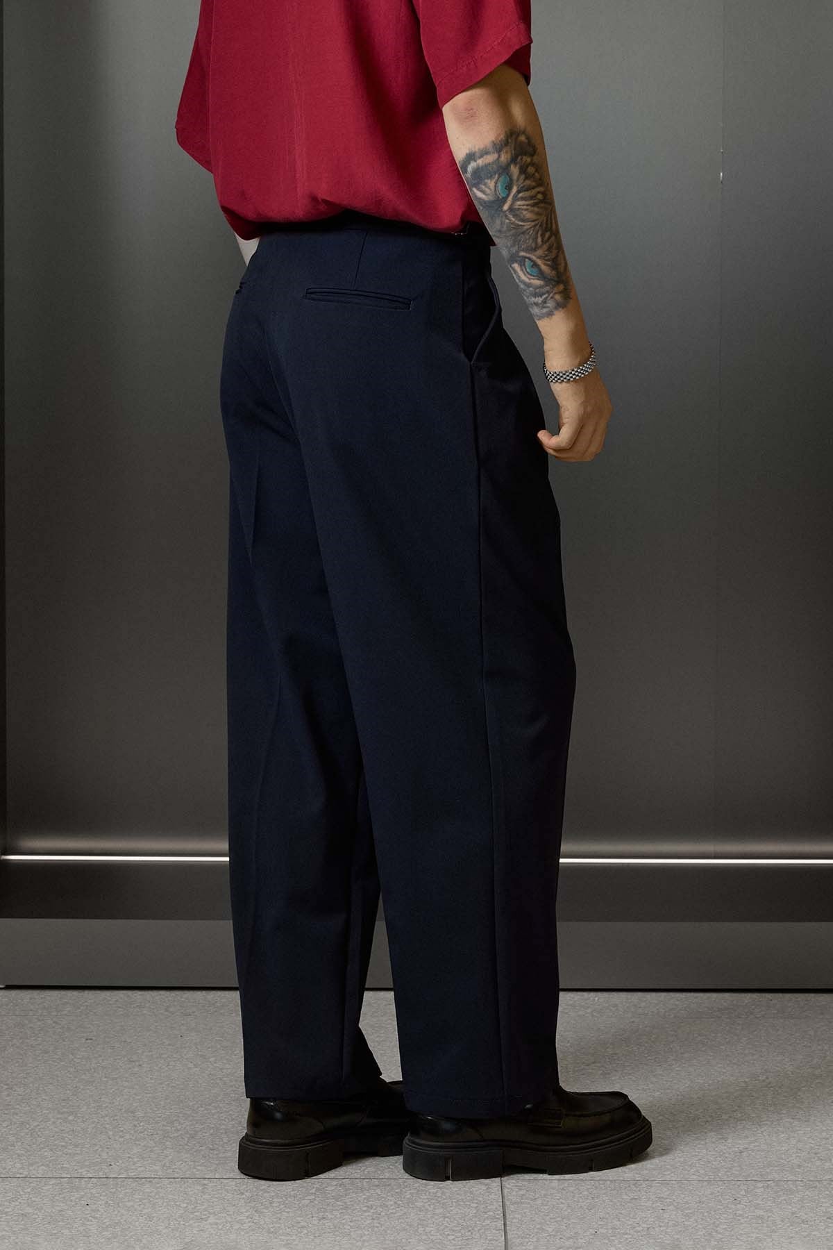 Erkek Süper Baggy Pileli Geniş Paça Gabardin Pantolon Lacivert
