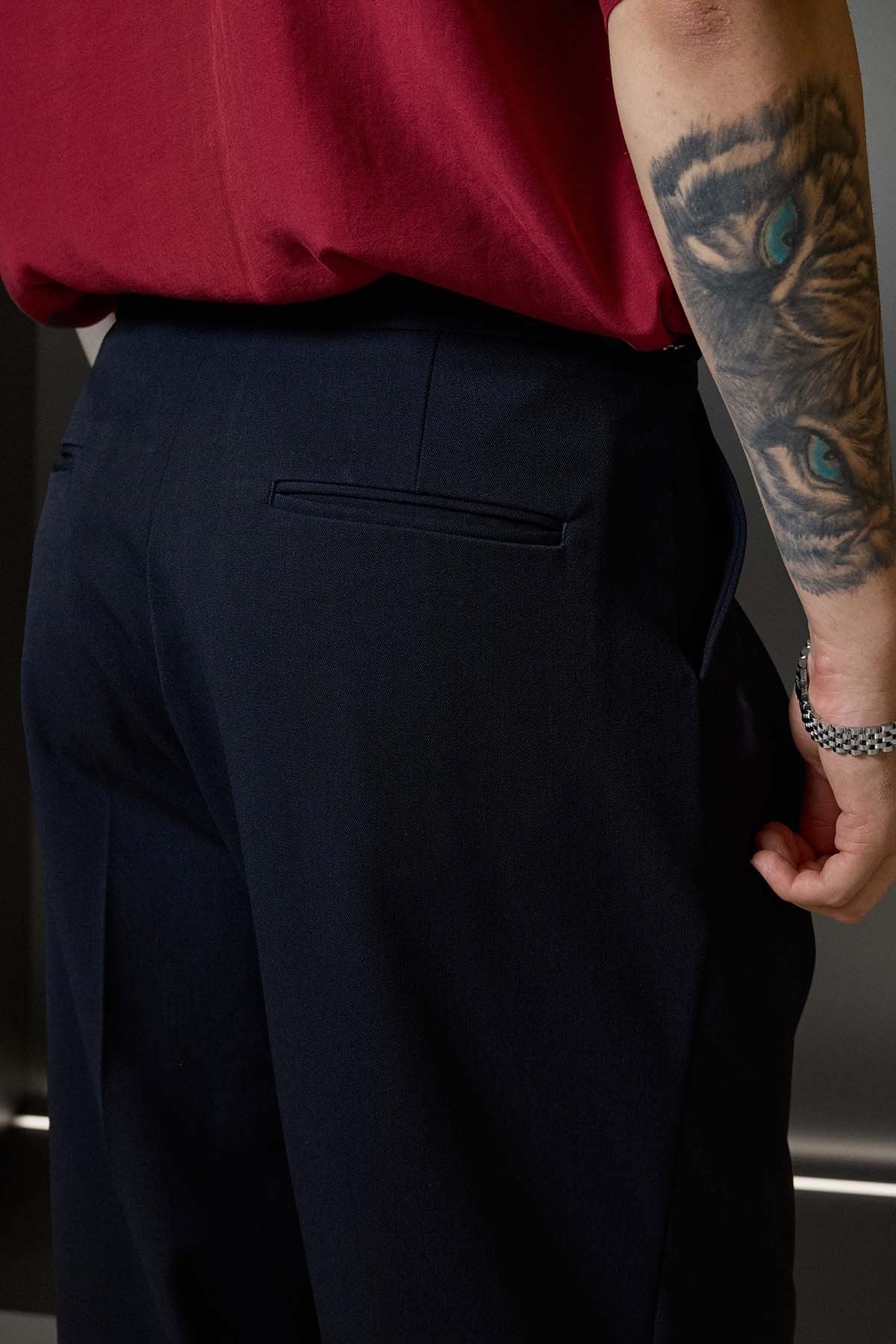 Erkek Süper Baggy Pileli Geniş Paça Gabardin Pantolon Lacivert