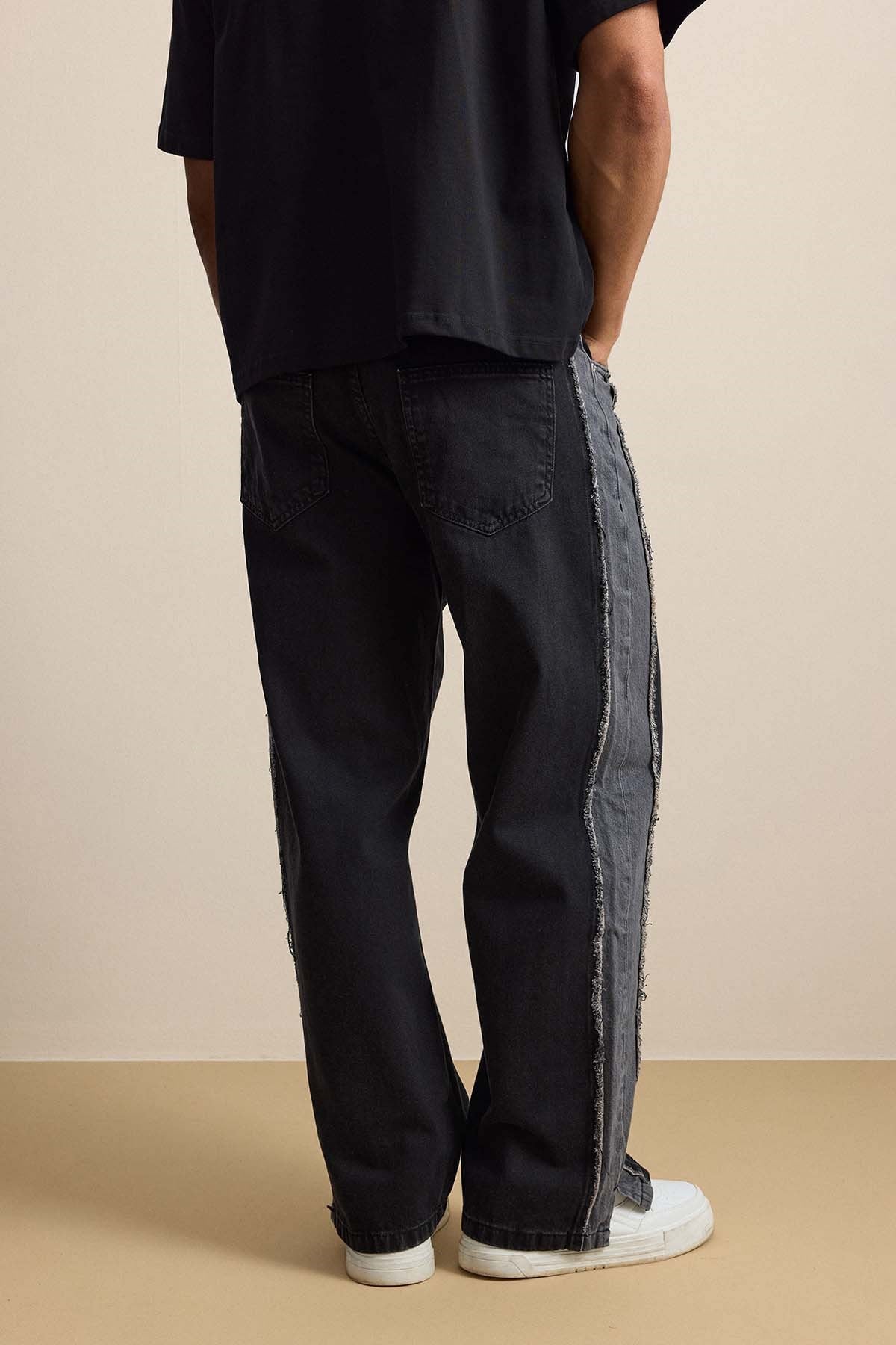Erkek Süper Baggy Yan Panel Detaylı Jean Pantolon Siyah