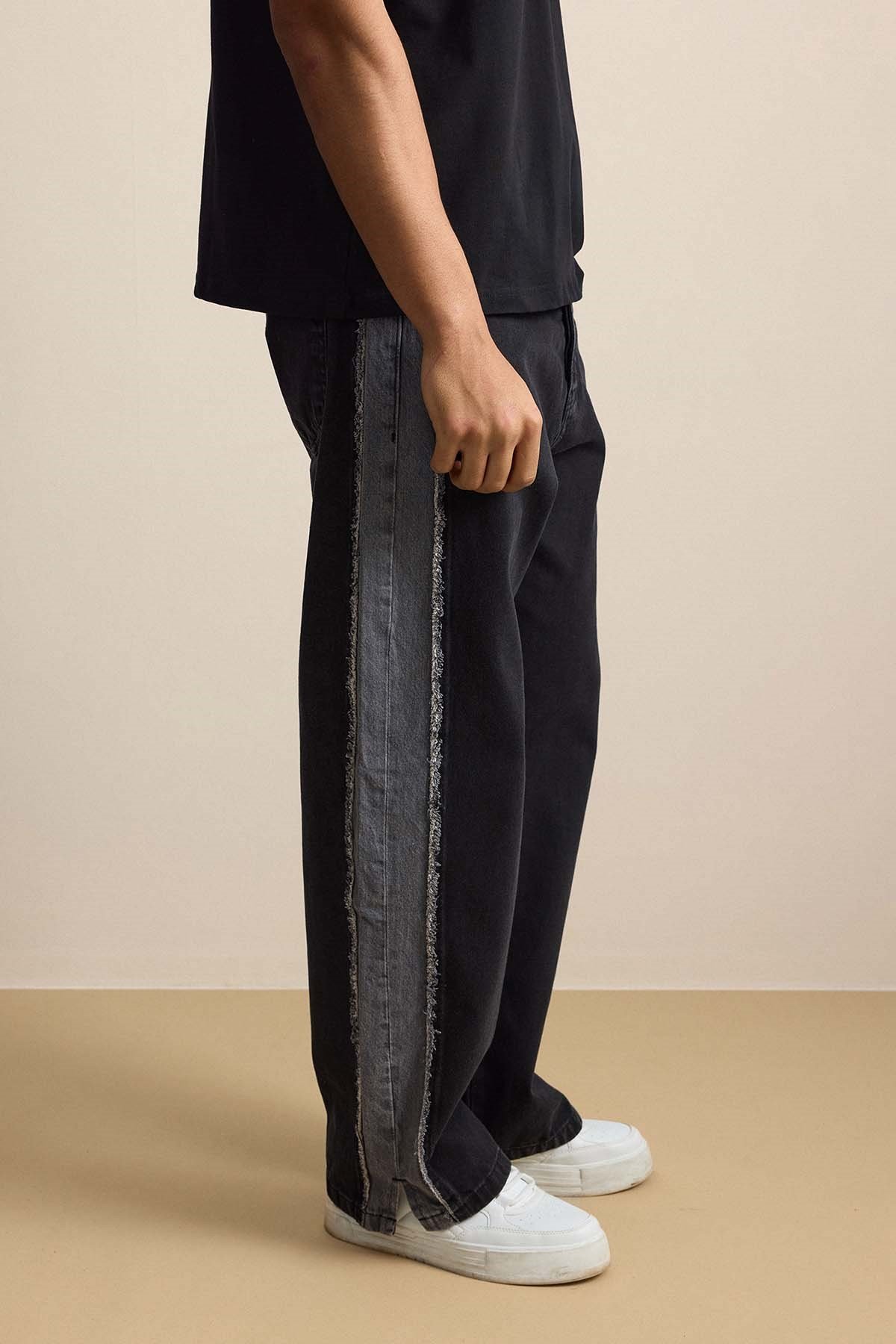 Erkek Süper Baggy Yan Panel Detaylı Jean Pantolon Siyah