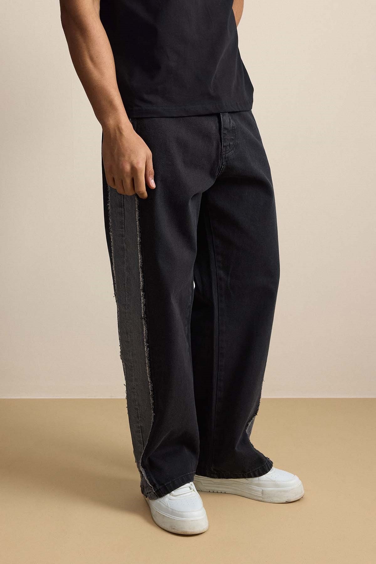 Erkek Süper Baggy Yan Panel Detaylı Jean Pantolon Siyah