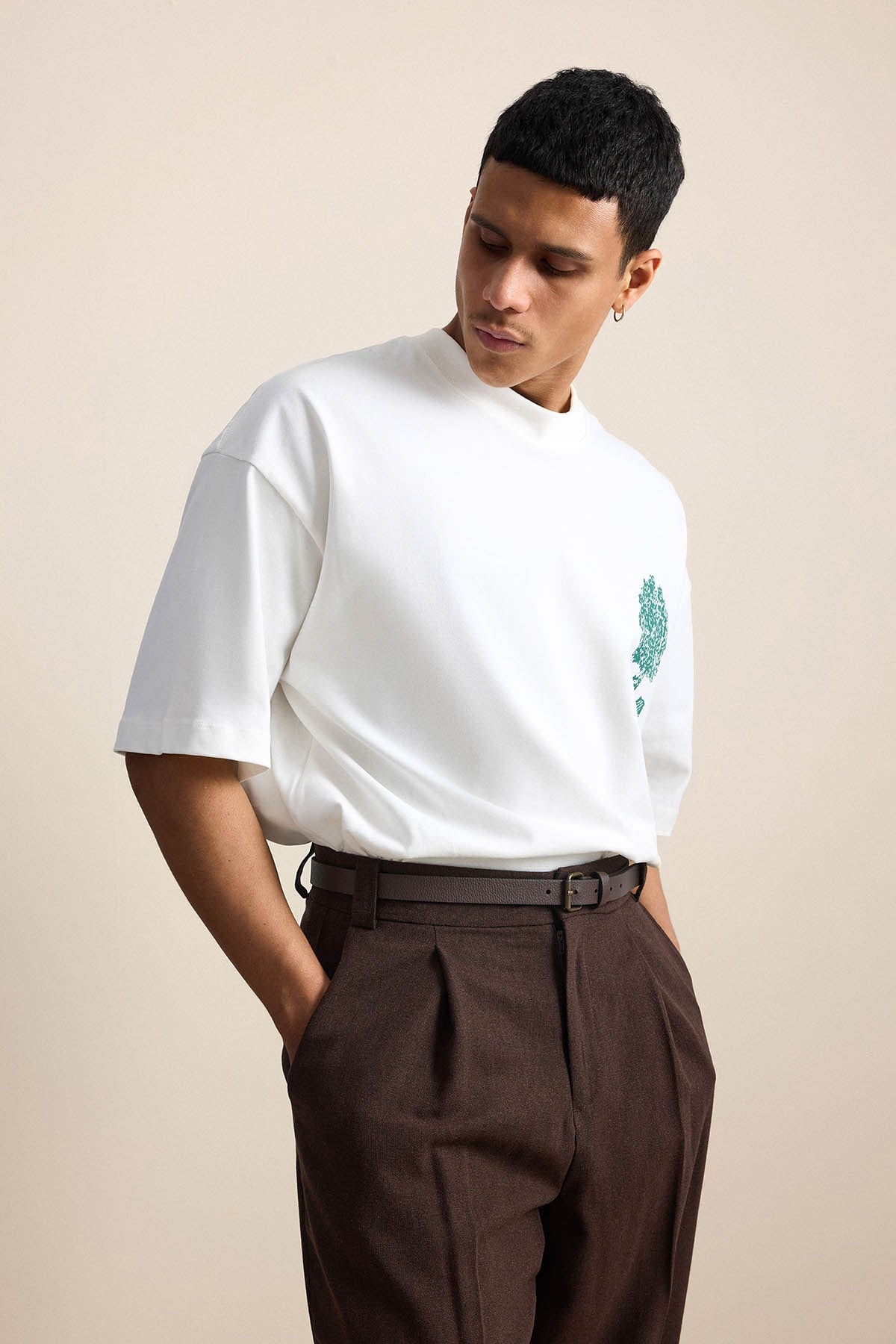 Erkek Süper Oversize %100 Pamuk Nature Baskılı T-Shirt Ekru