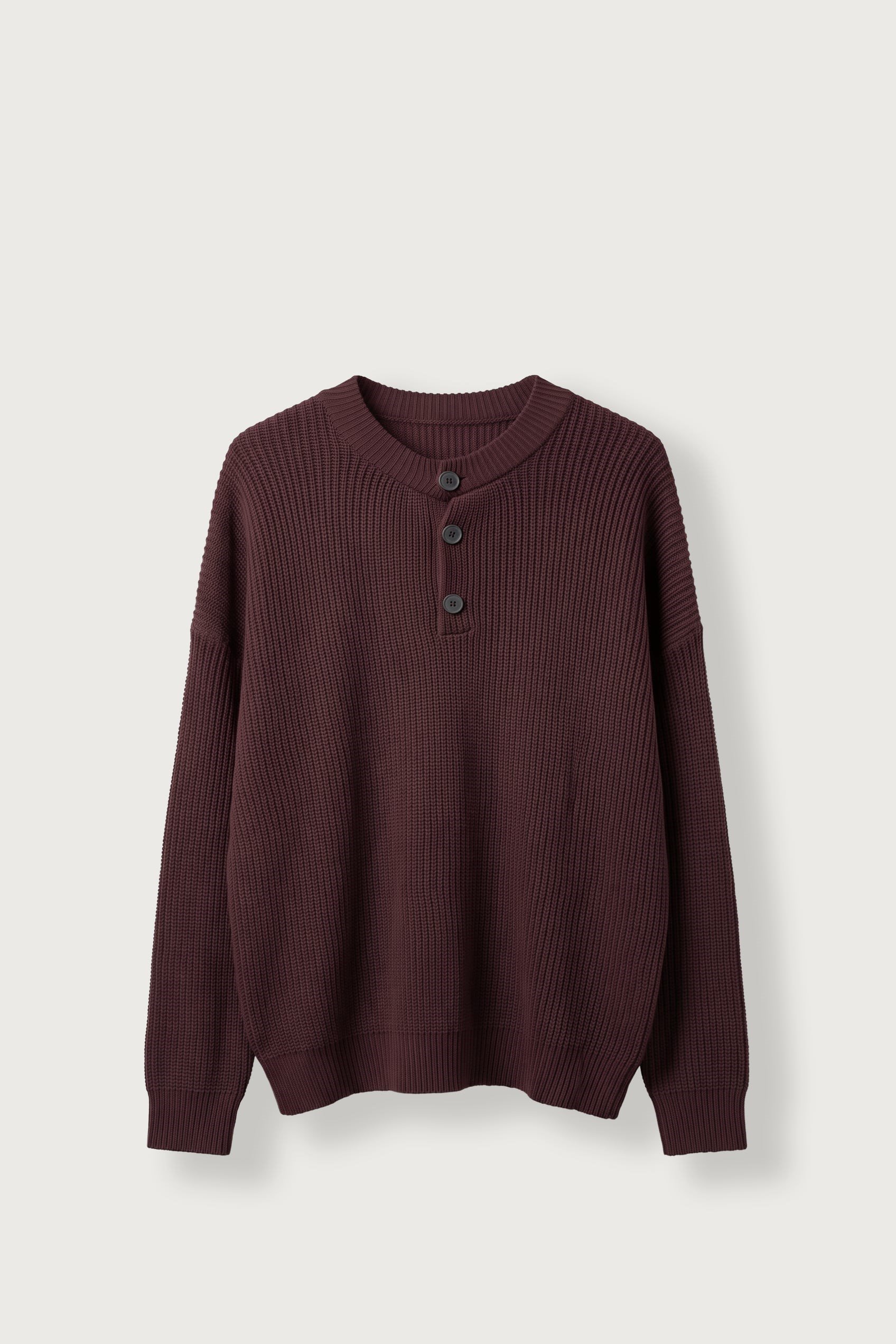 Erkek Super Oversize Henley Yaka Triko Kazak Bordo