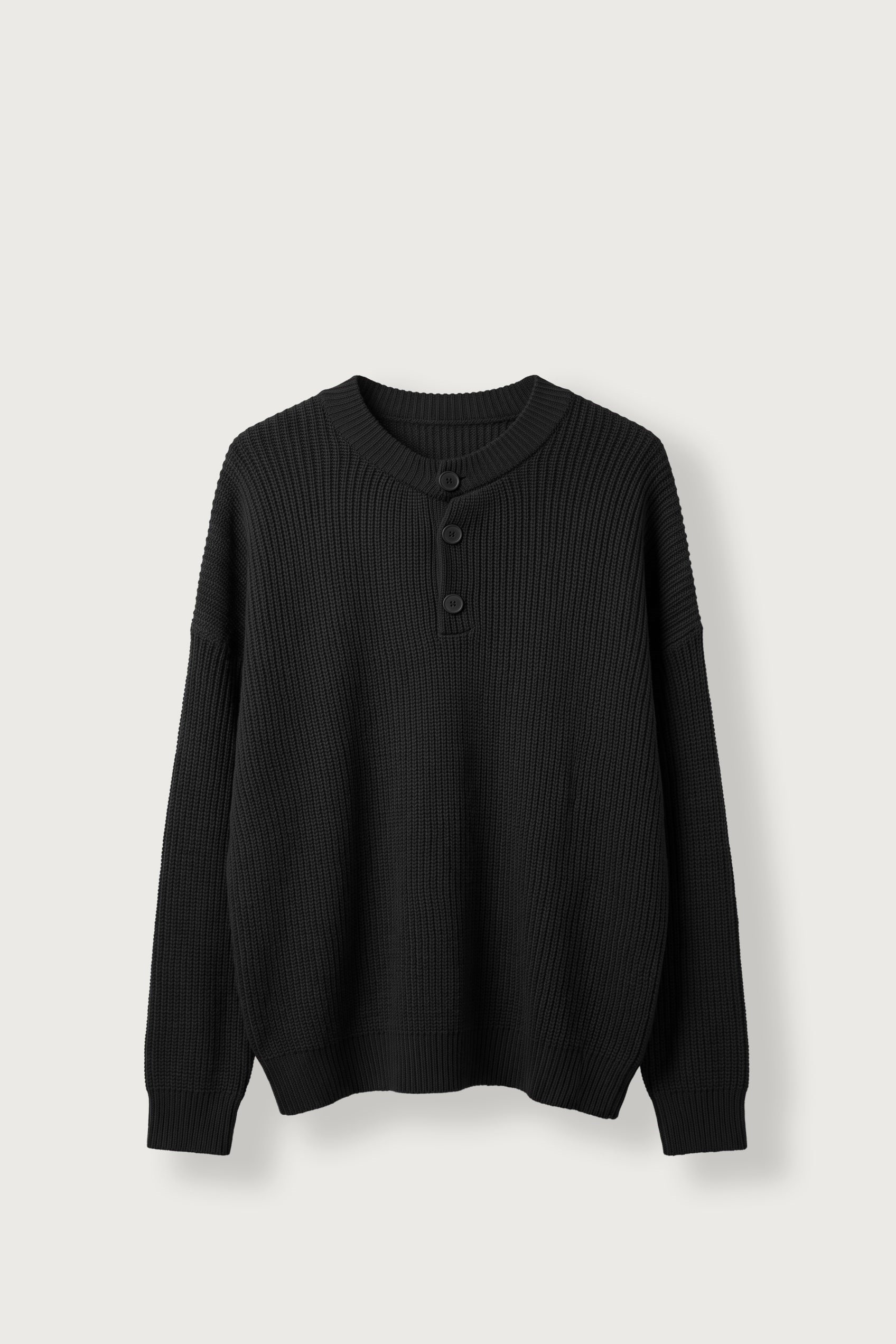 Erkek Super Oversize Henley Yaka Triko Kazak Siyah
